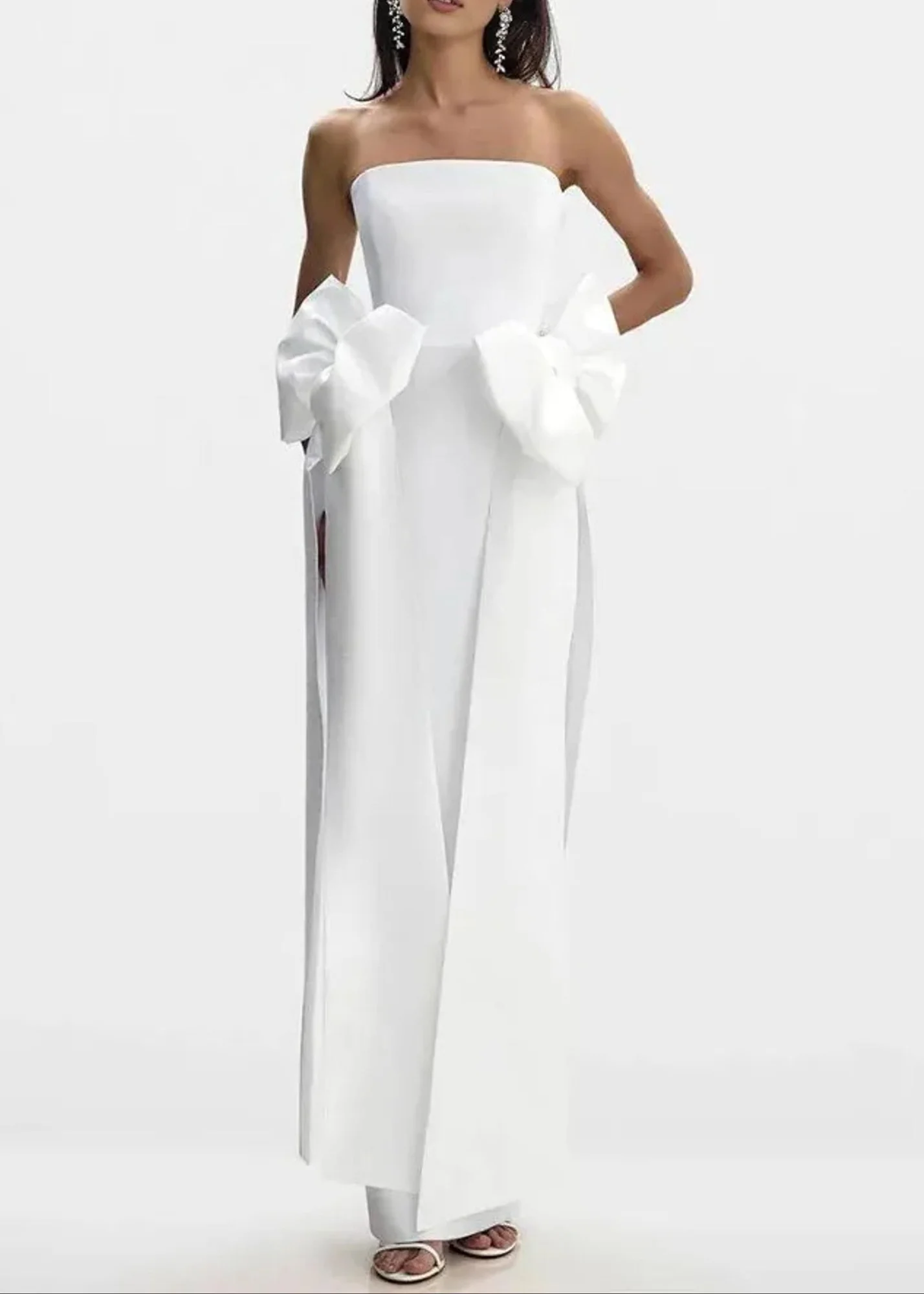 White Strapless Bow Maxi Dress With Concealed Back Zipper