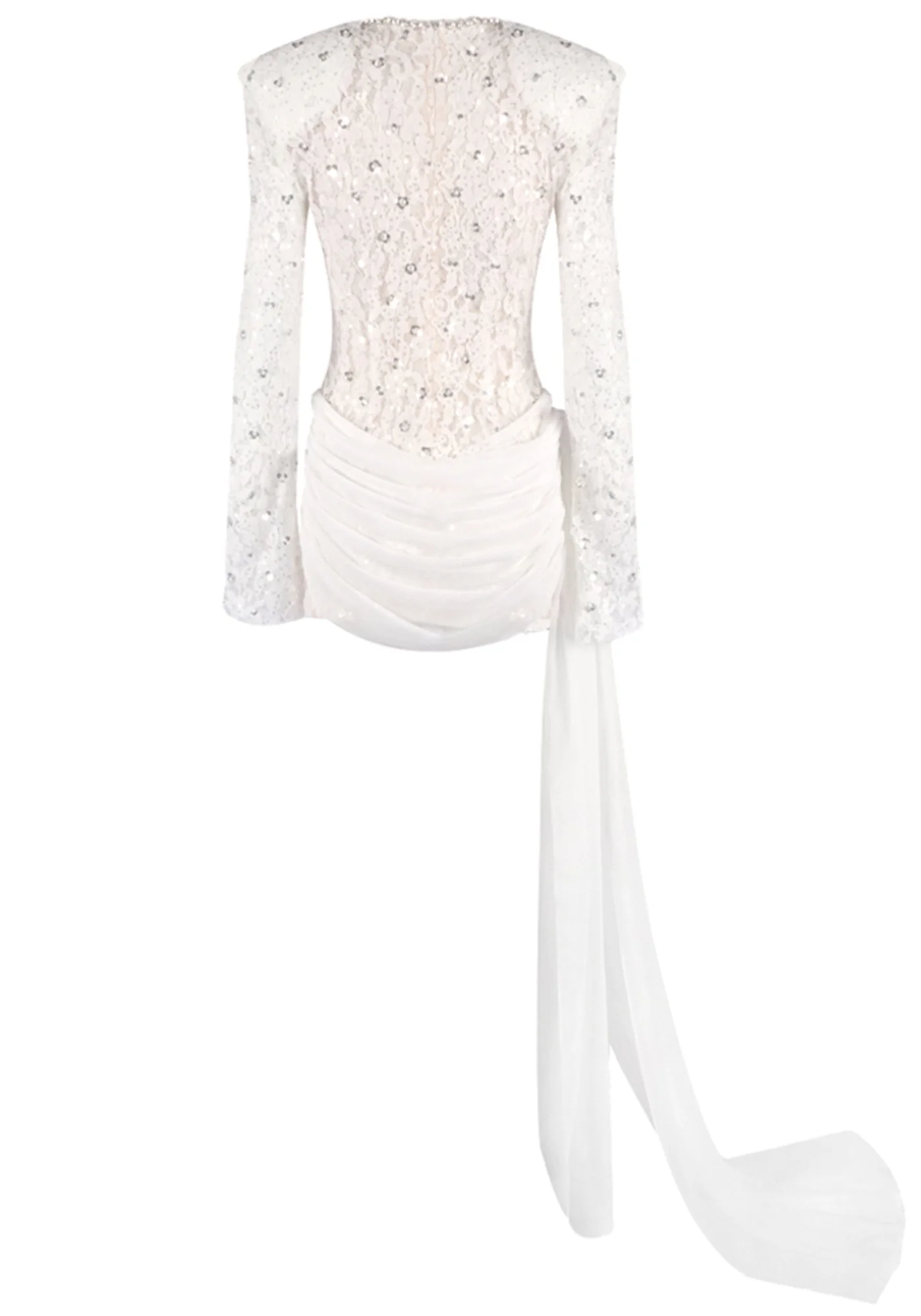White Sequin Lace Mini Dress with Draped Detail