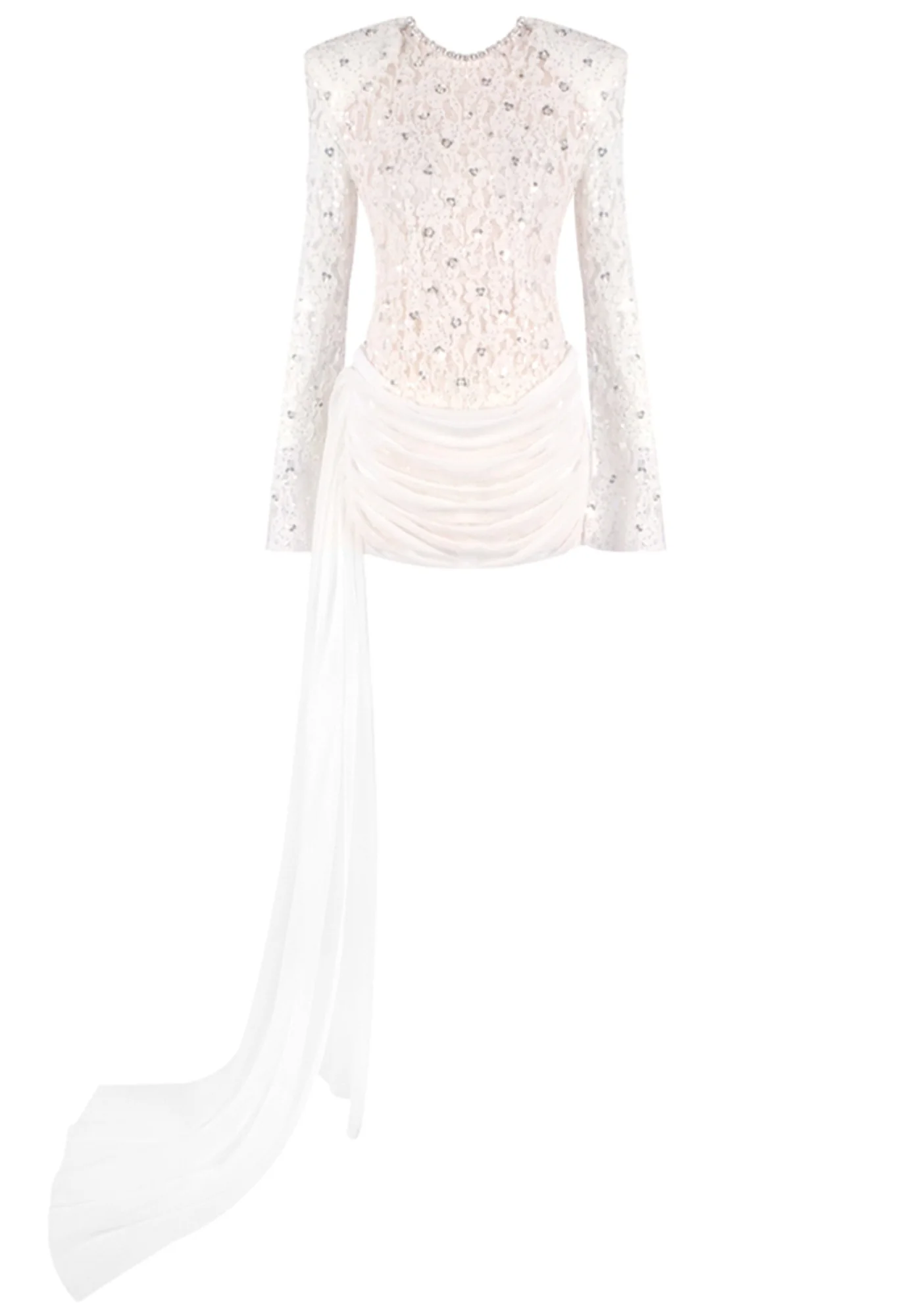 White Sequin Lace Mini Dress with Draped Detail
