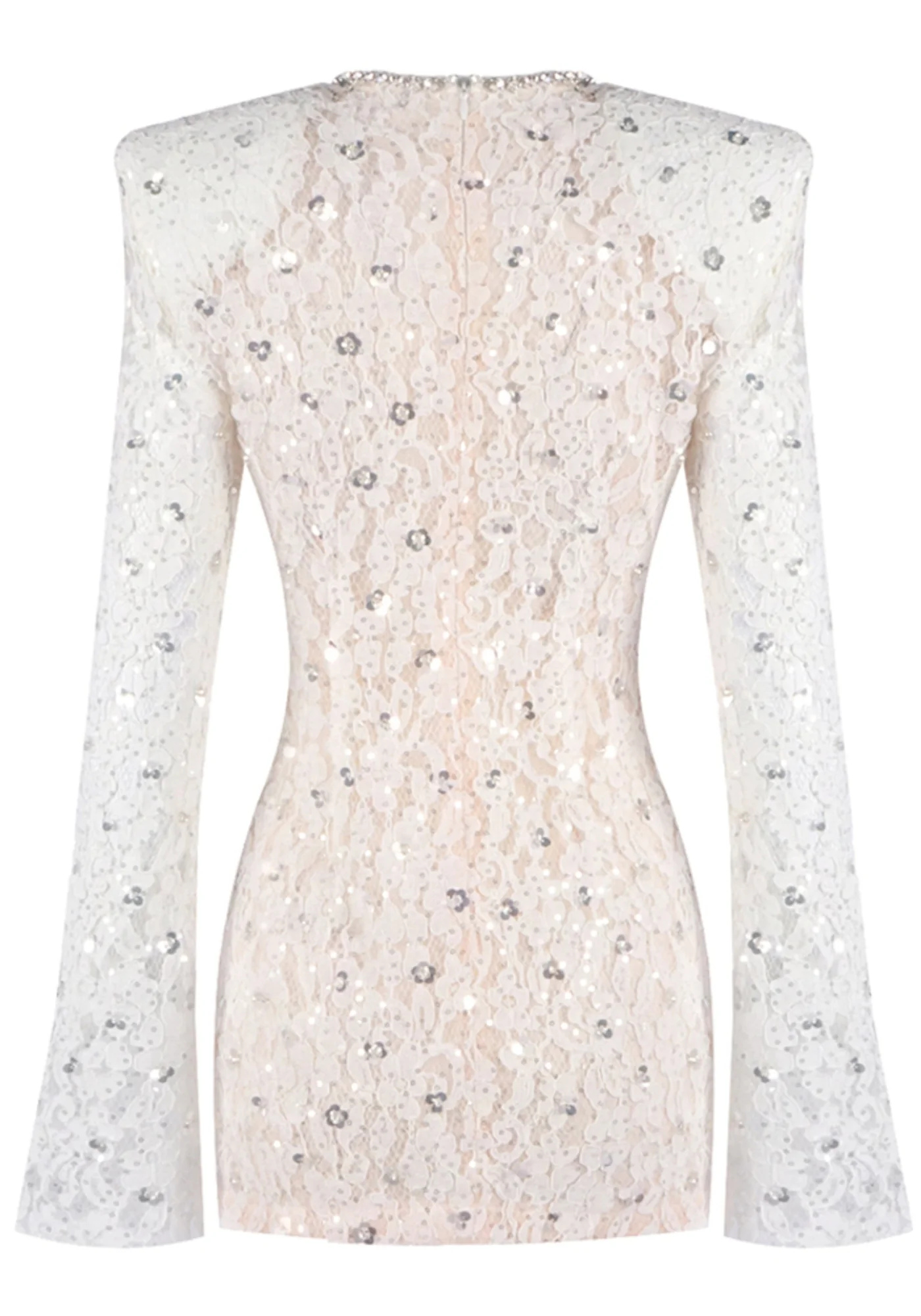 White Sequin Lace Mini Dress with Draped Detail