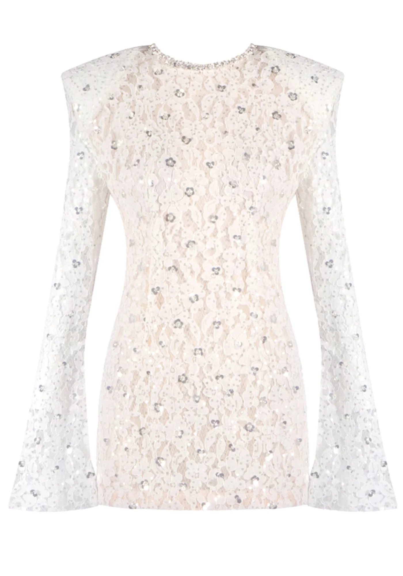 White Sequin Lace Mini Dress with Draped Detail