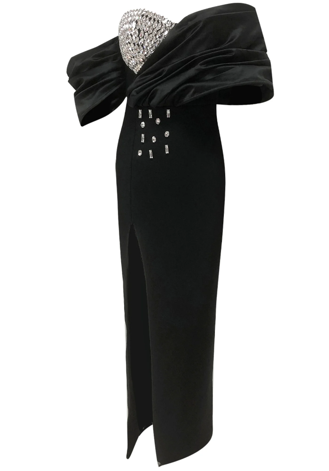 Black Draped Crystal Bustier Maxi Dress - Elegant Sleeveless Design