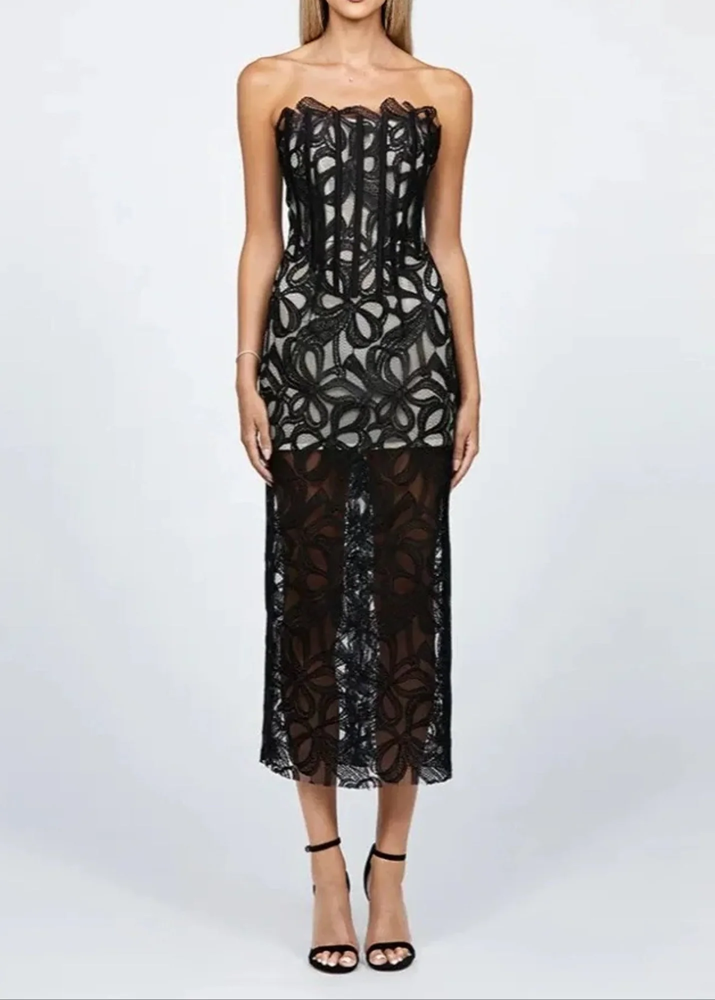 Black Floral Corset Midi Dress - Strapless Design