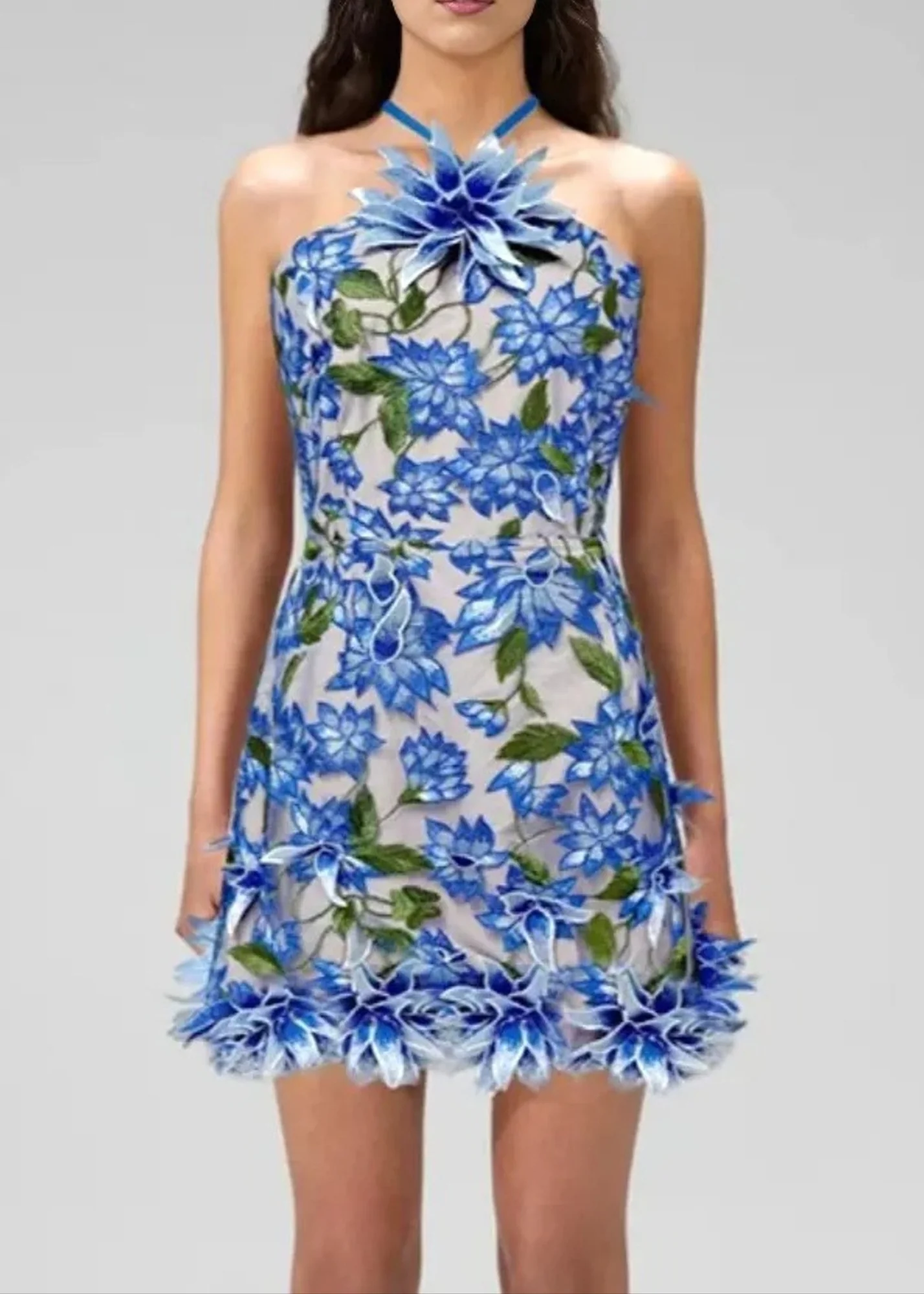 Blue Floral Embroidered Halter Mini Dress - Elegant Design