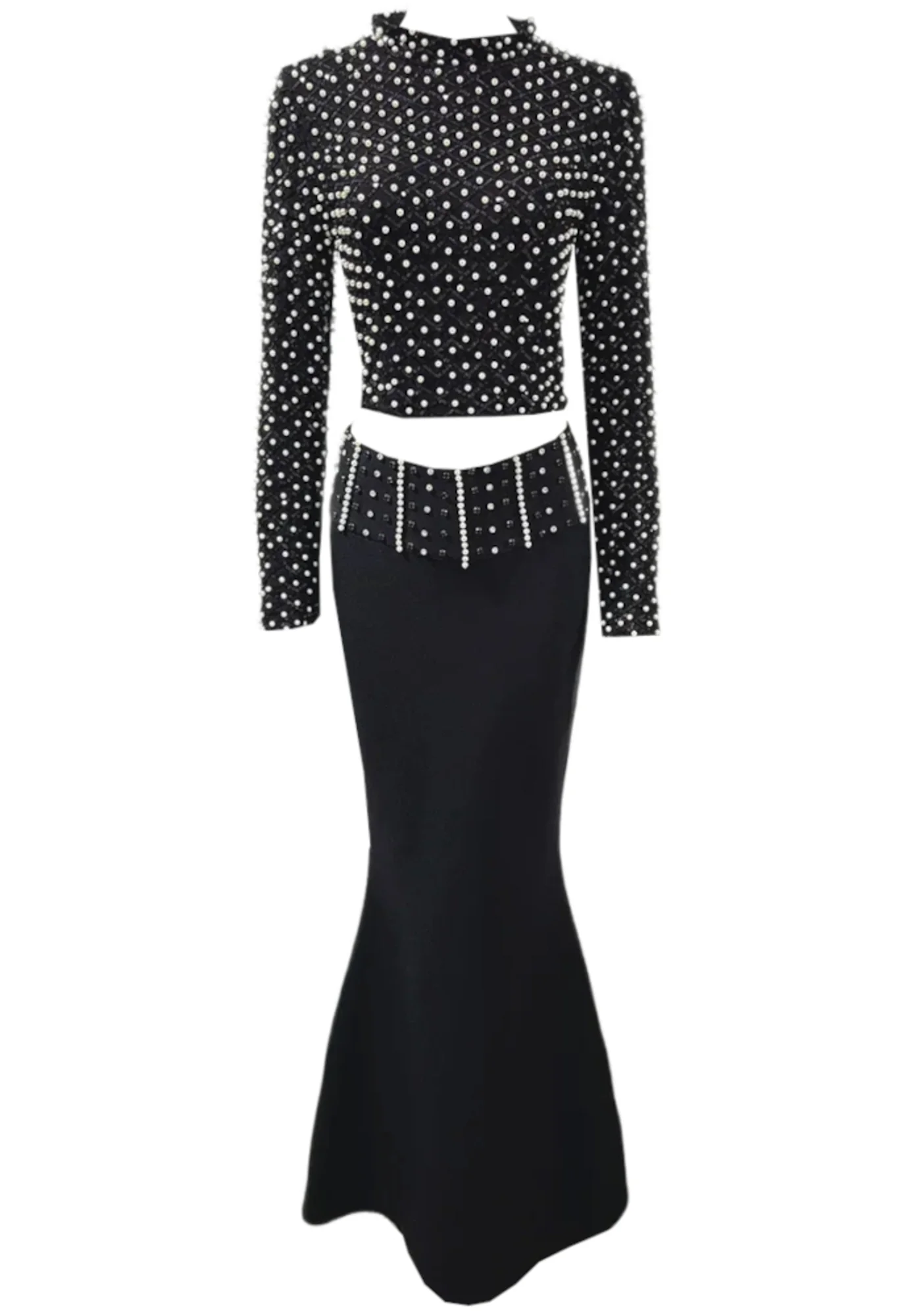 Black Pearl & Crystal Mermaid Maxi Dress with Long Sleeves