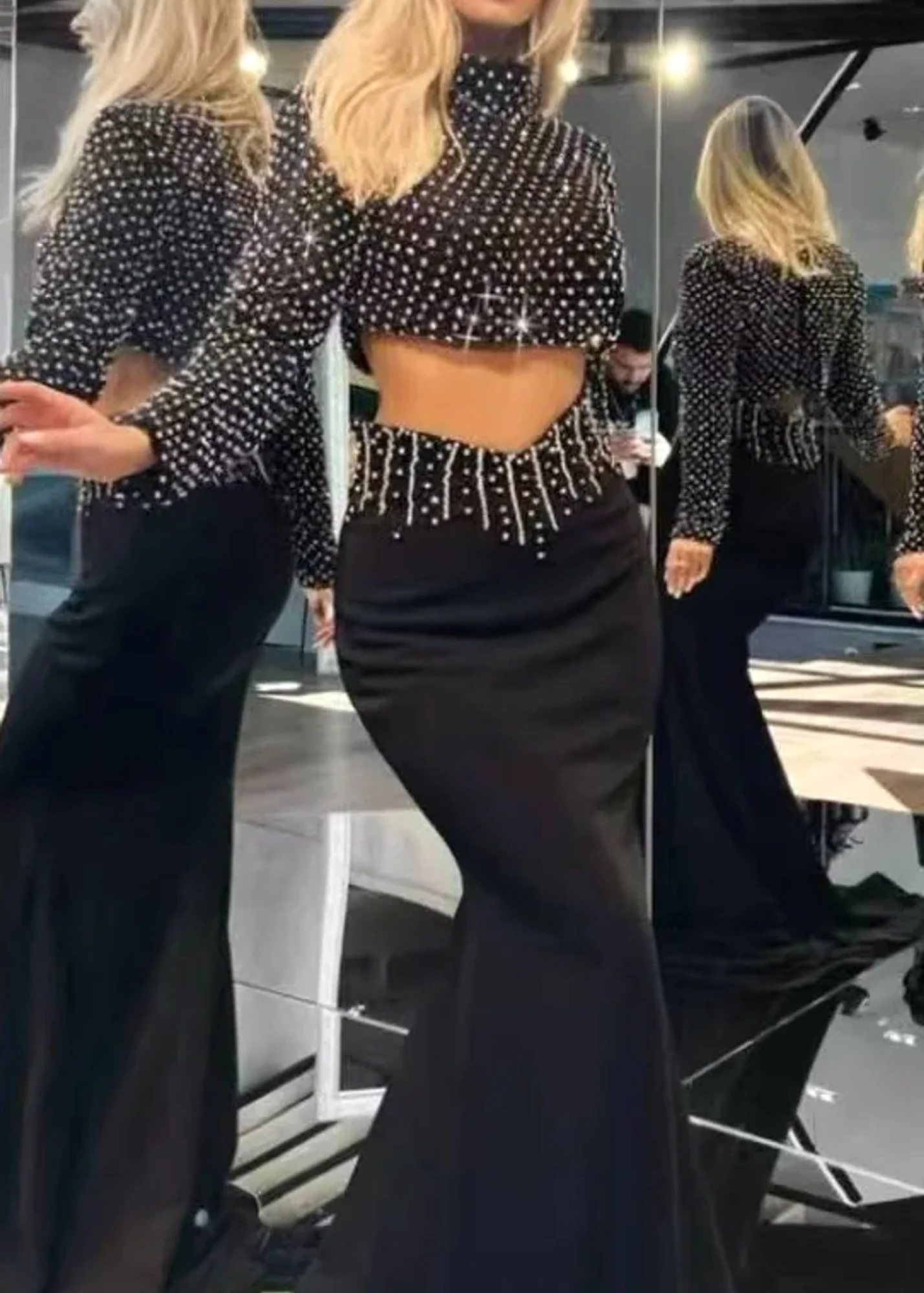 Black Pearl & Crystal Mermaid Maxi Dress with Long Sleeves