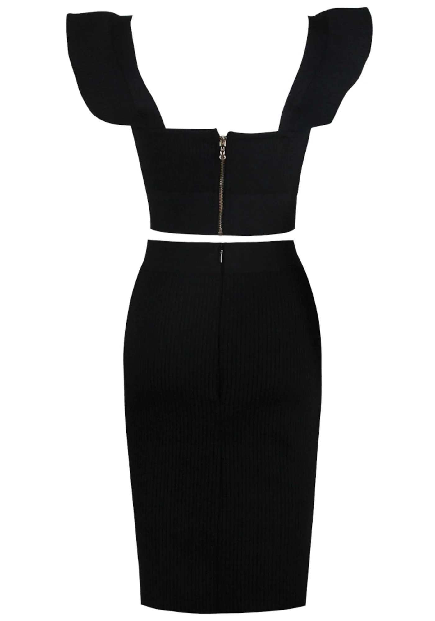 Black Ribbed Two Piece Midi Dress with Ruffle Detail