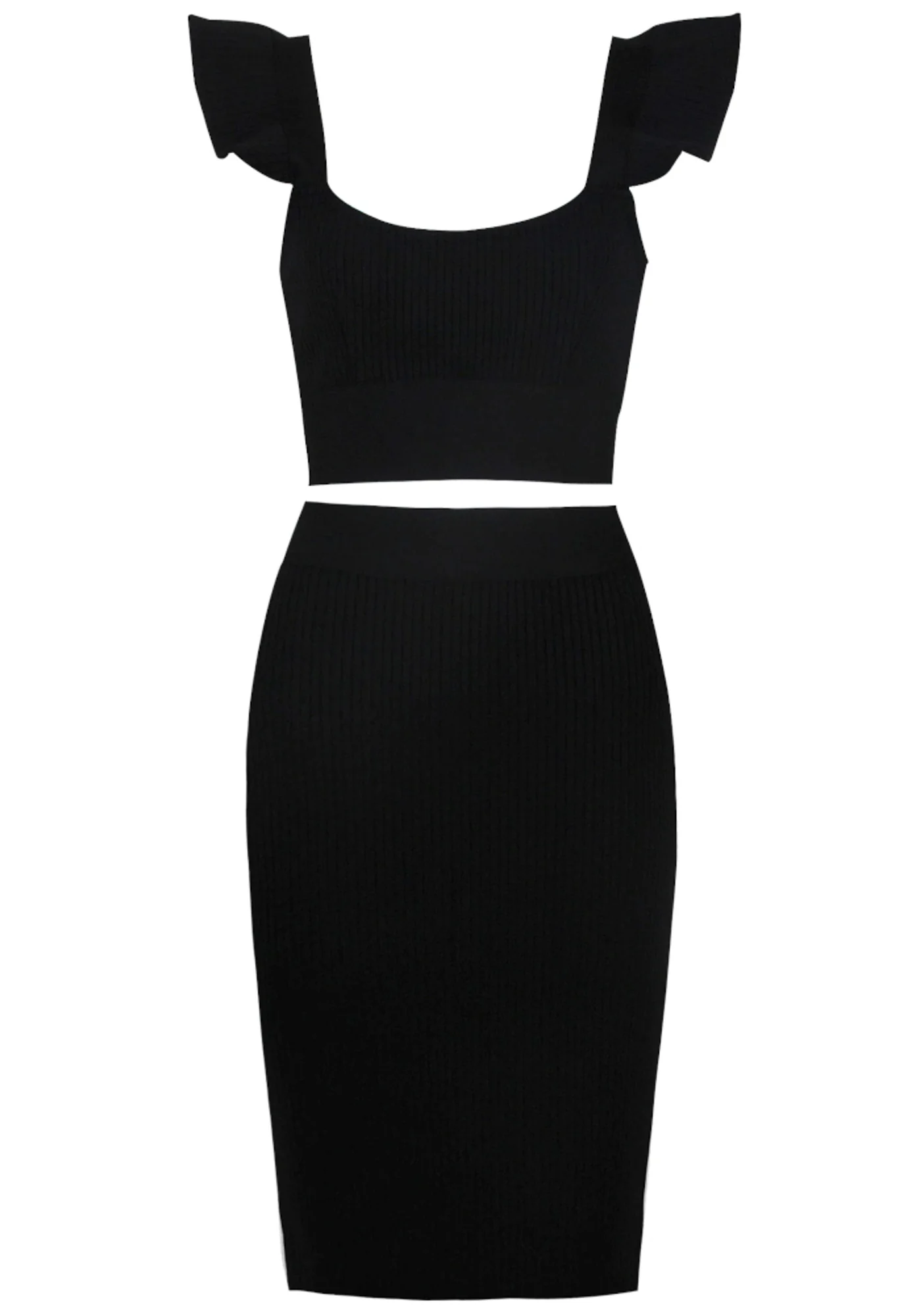 Black Ribbed Two Piece Midi Dress with Ruffle Detail