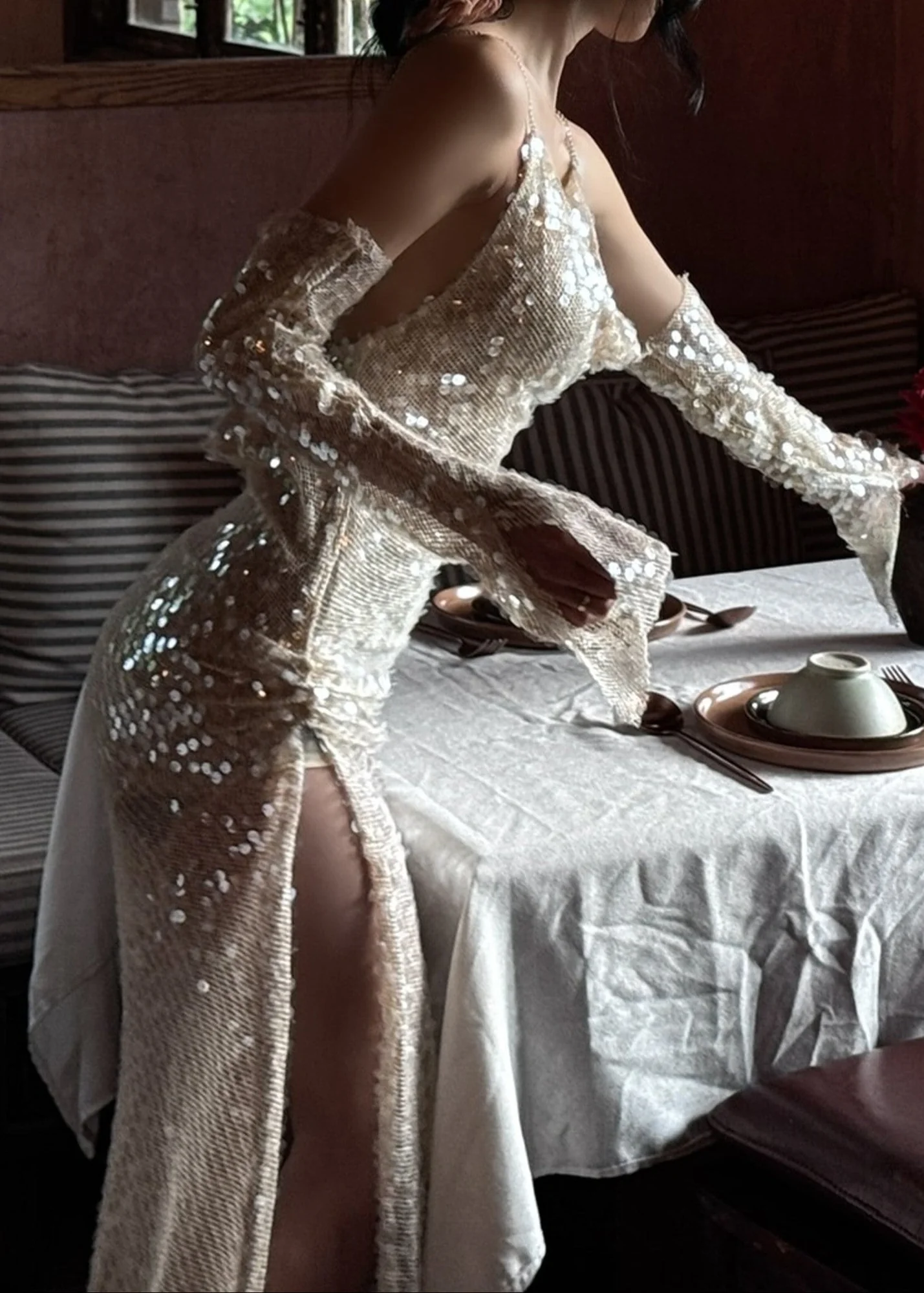 Sequin Nude V-Neck Sleeveless Maxi Dress with Rhinestone Embellishments