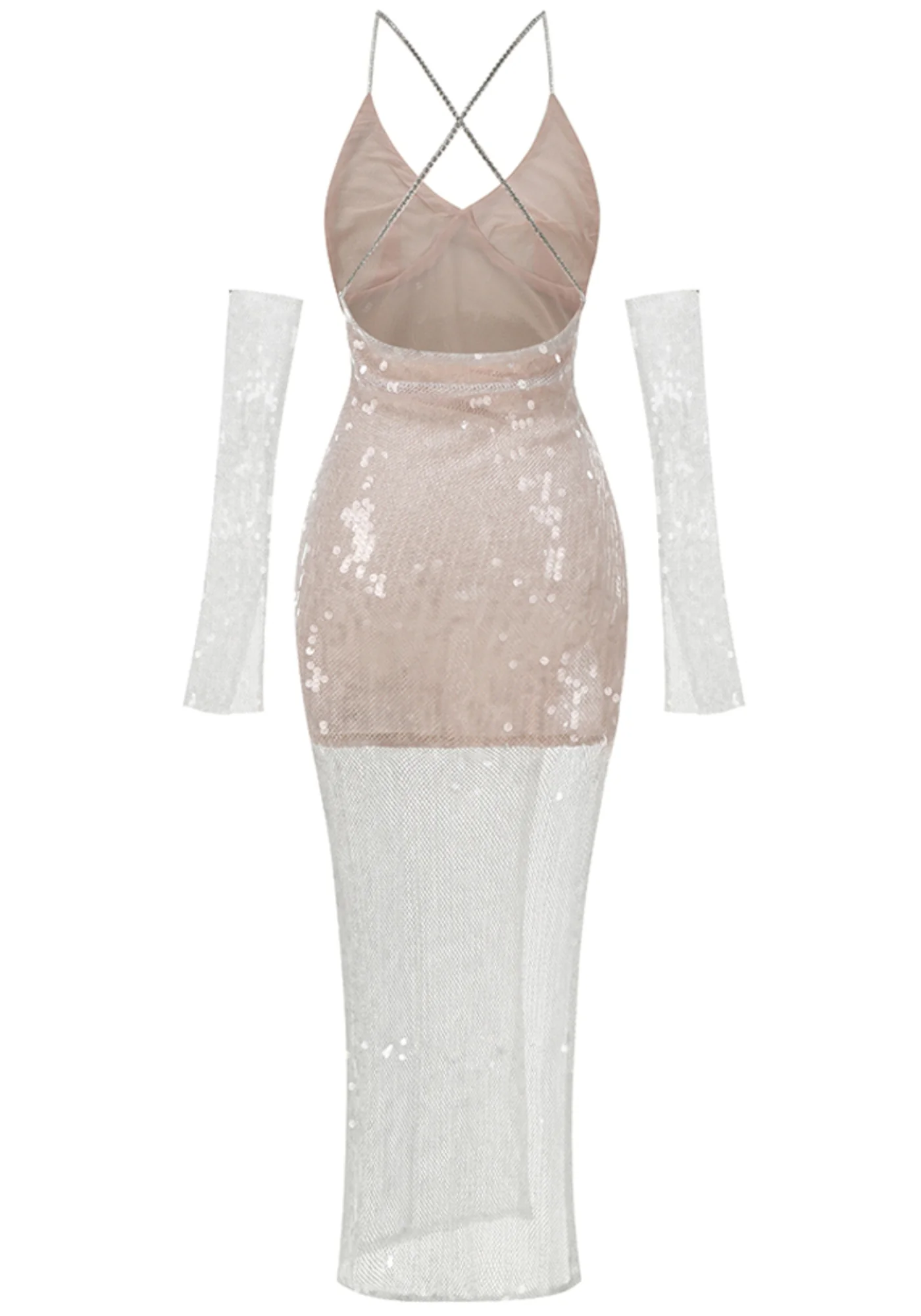 Sequin Nude V-Neck Sleeveless Maxi Dress with Rhinestone Embellishments