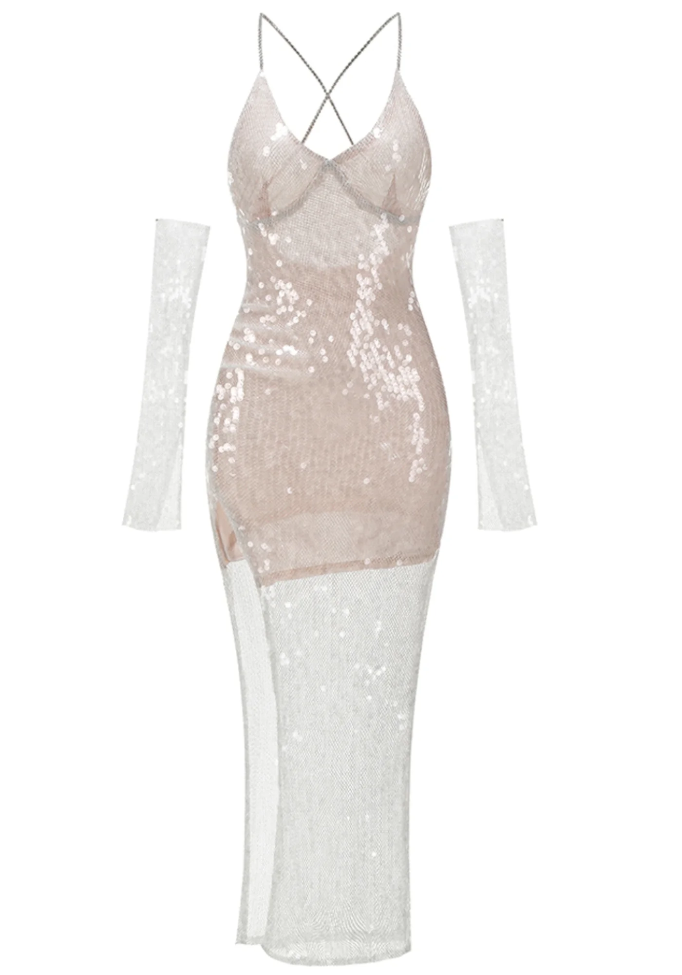 Sequin Nude V-Neck Sleeveless Maxi Dress with Rhinestone Embellishments