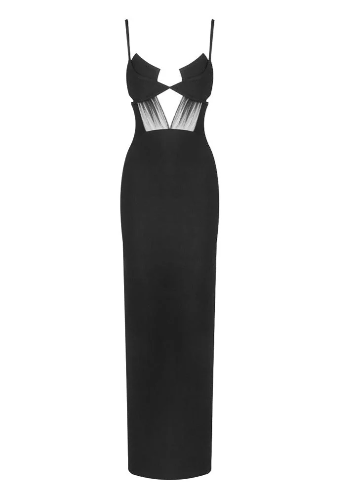 Black Sleeveless Mesh Insert Maxi Dress