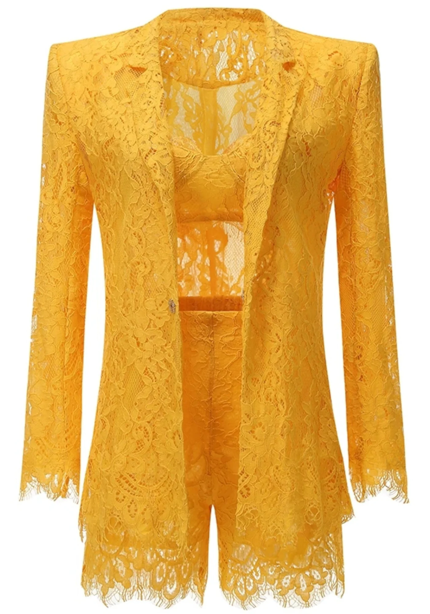 Amber Yellow V-Neck Lace Mini Dress Set