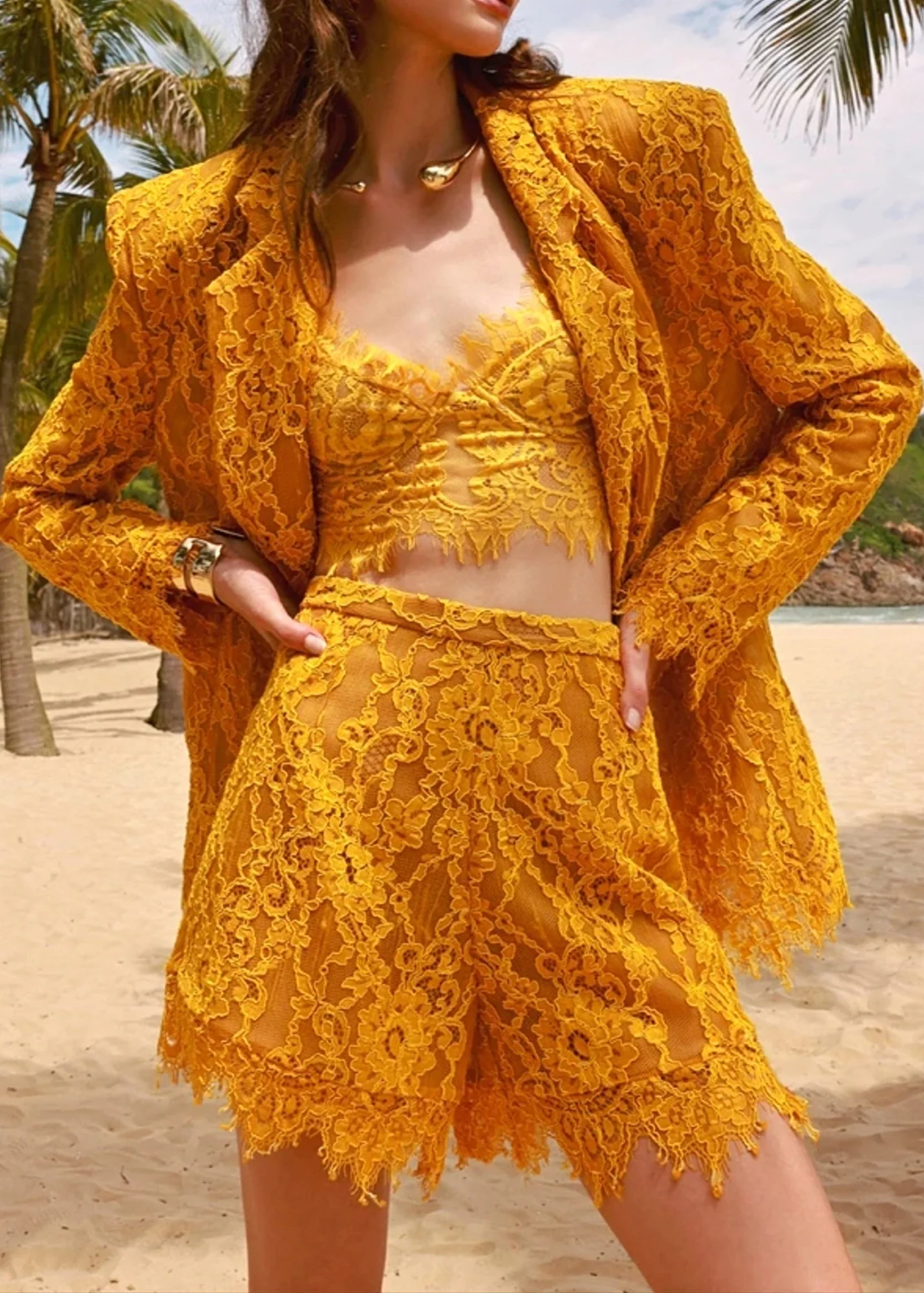 Amber Yellow V-Neck Lace Mini Dress Set