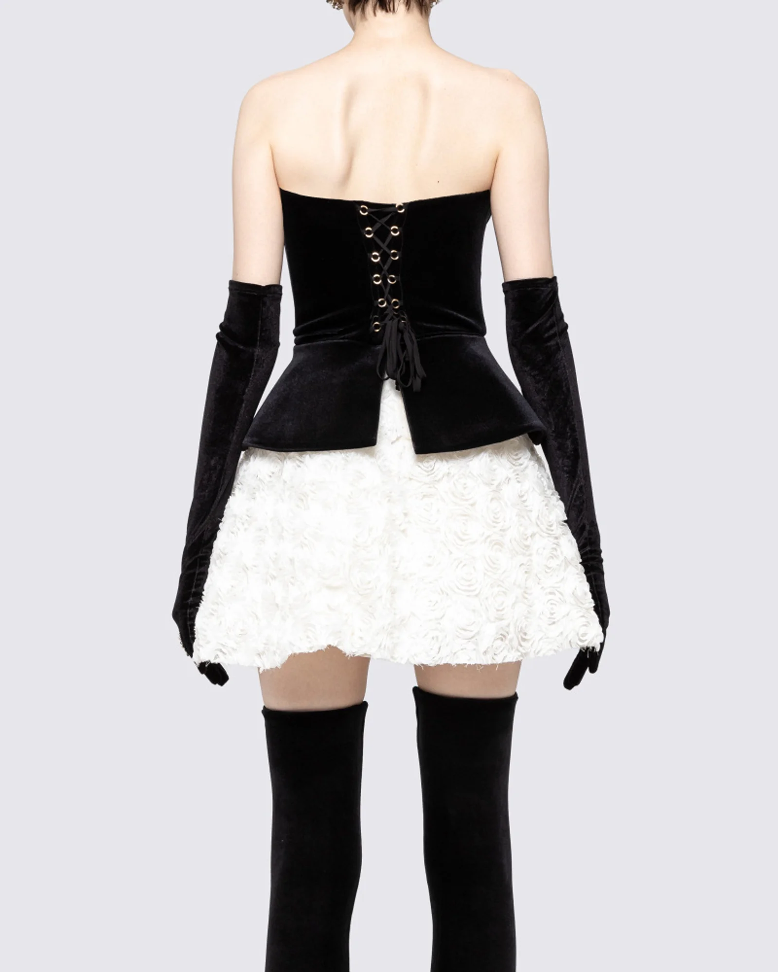 Black White Strapless Corset Floral A-Line Velvet Mini Dress