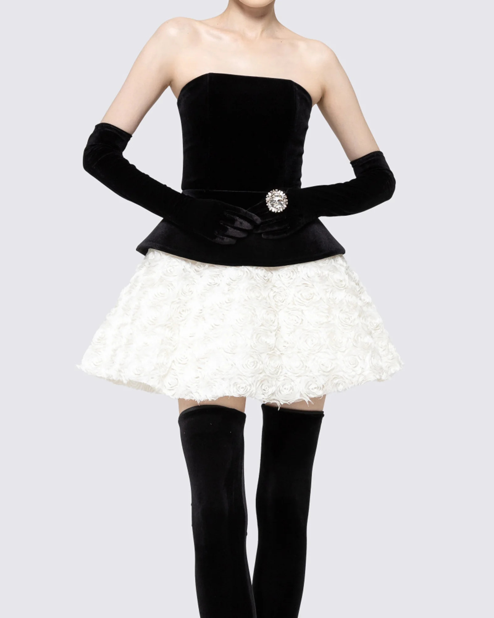 Black White Strapless Corset Floral A-Line Velvet Mini Dress