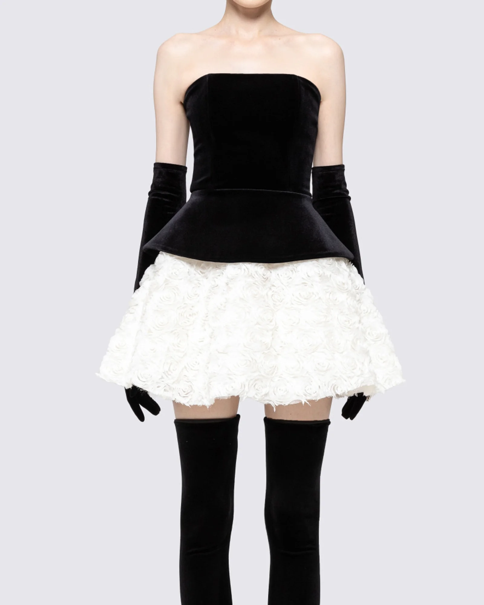 Black White Strapless Corset Floral A-Line Velvet Mini Dress