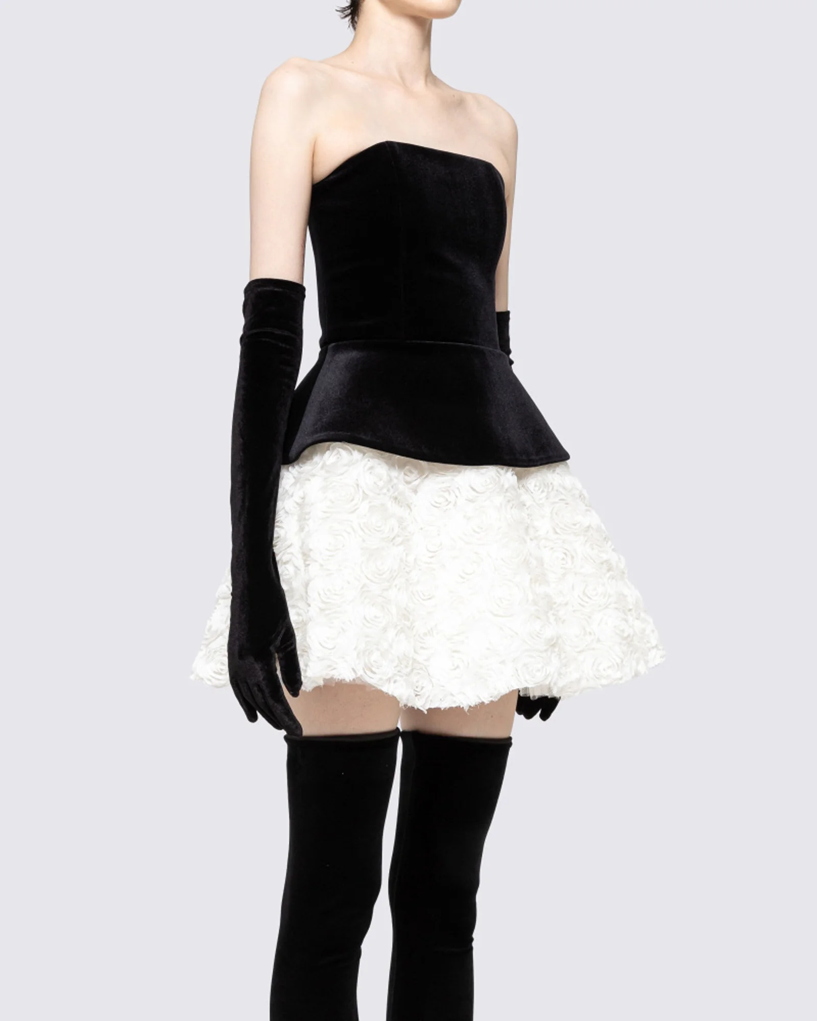 Black White Strapless Corset Floral A-Line Velvet Mini Dress