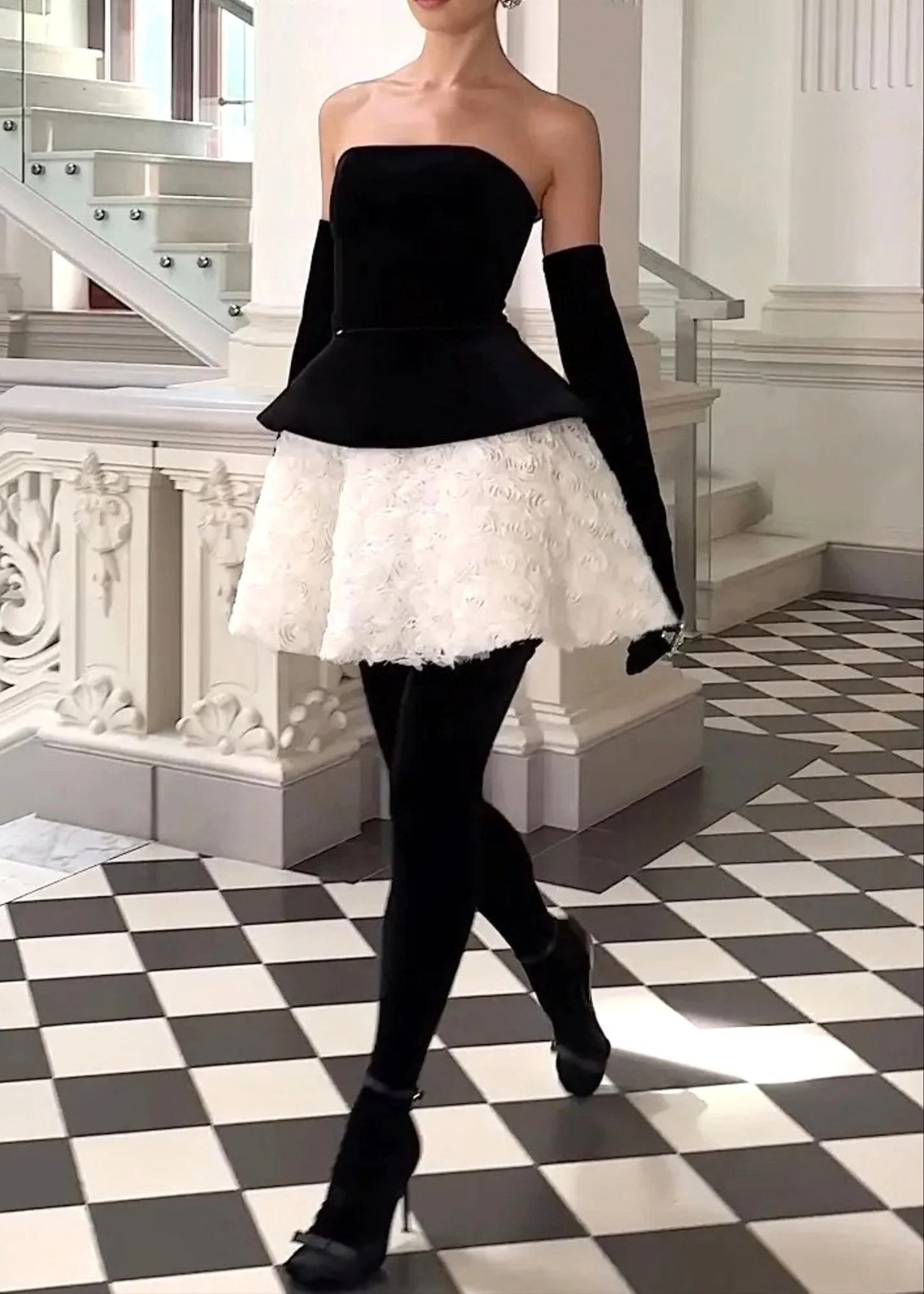 Black White Strapless Corset Floral A-Line Velvet Mini Dress