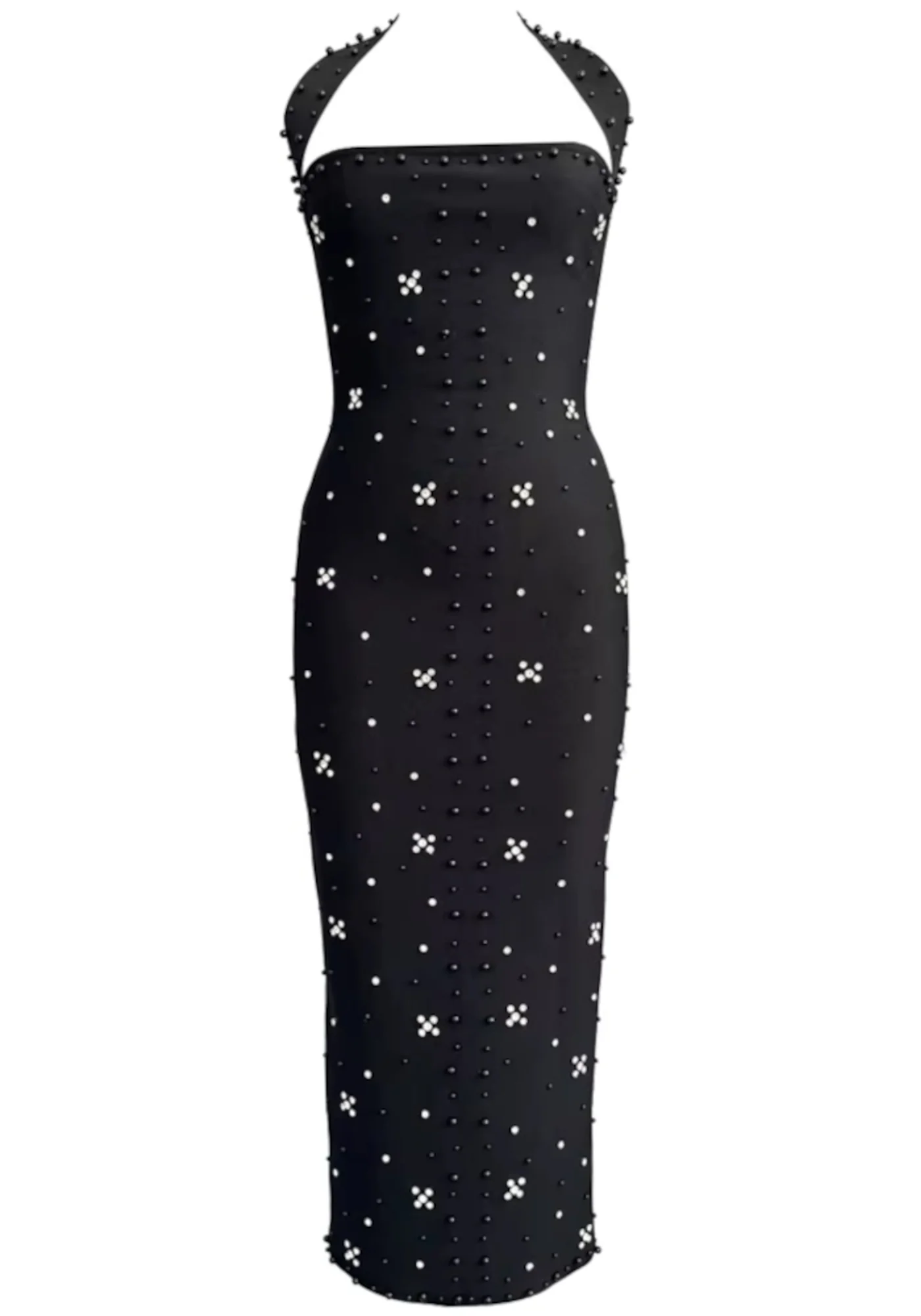 Black Halter Crystal Maxi Dress with Rhinestone Embellishments