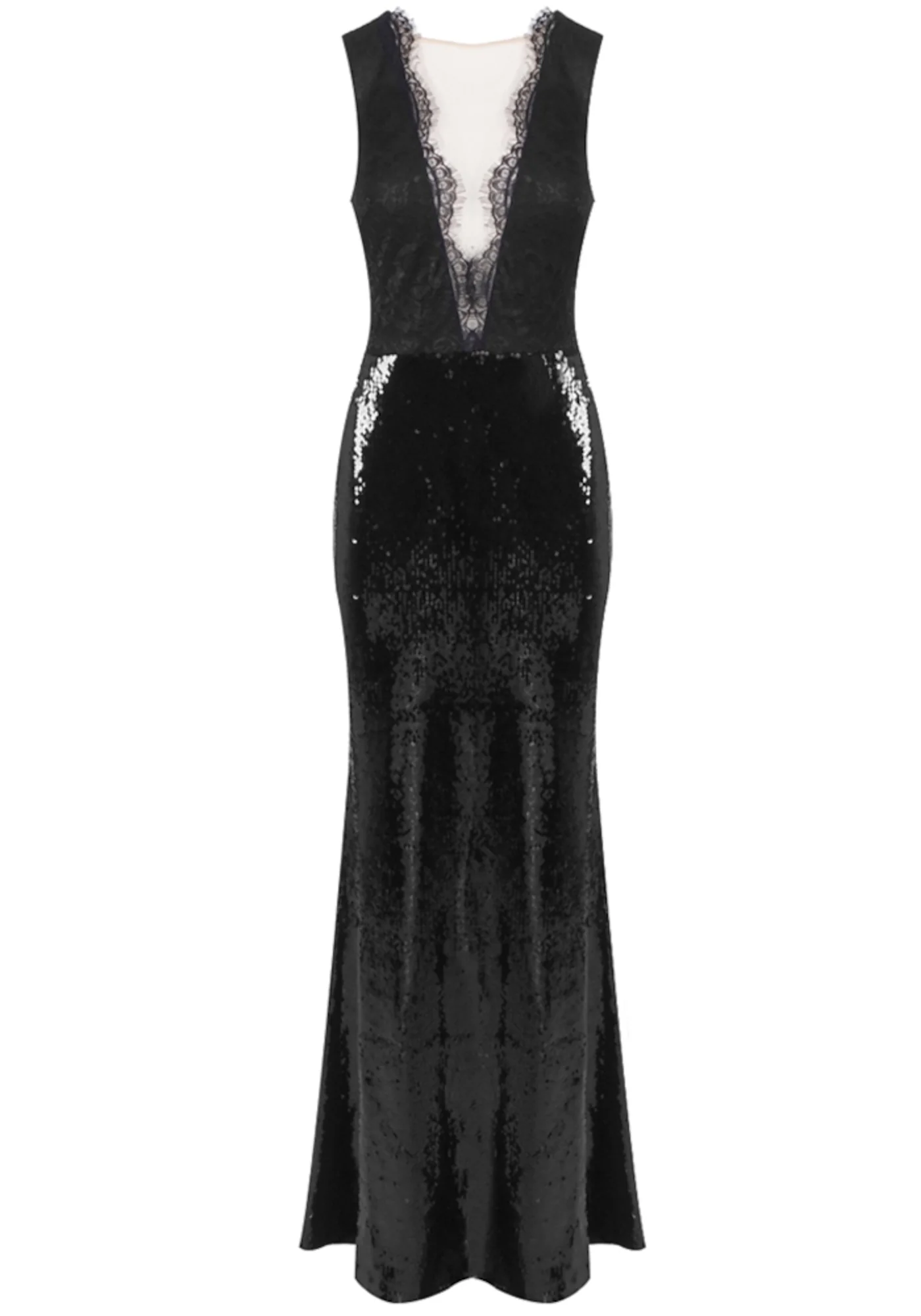 Black Lace Sequin Maxi Dress with Mesh Inserts