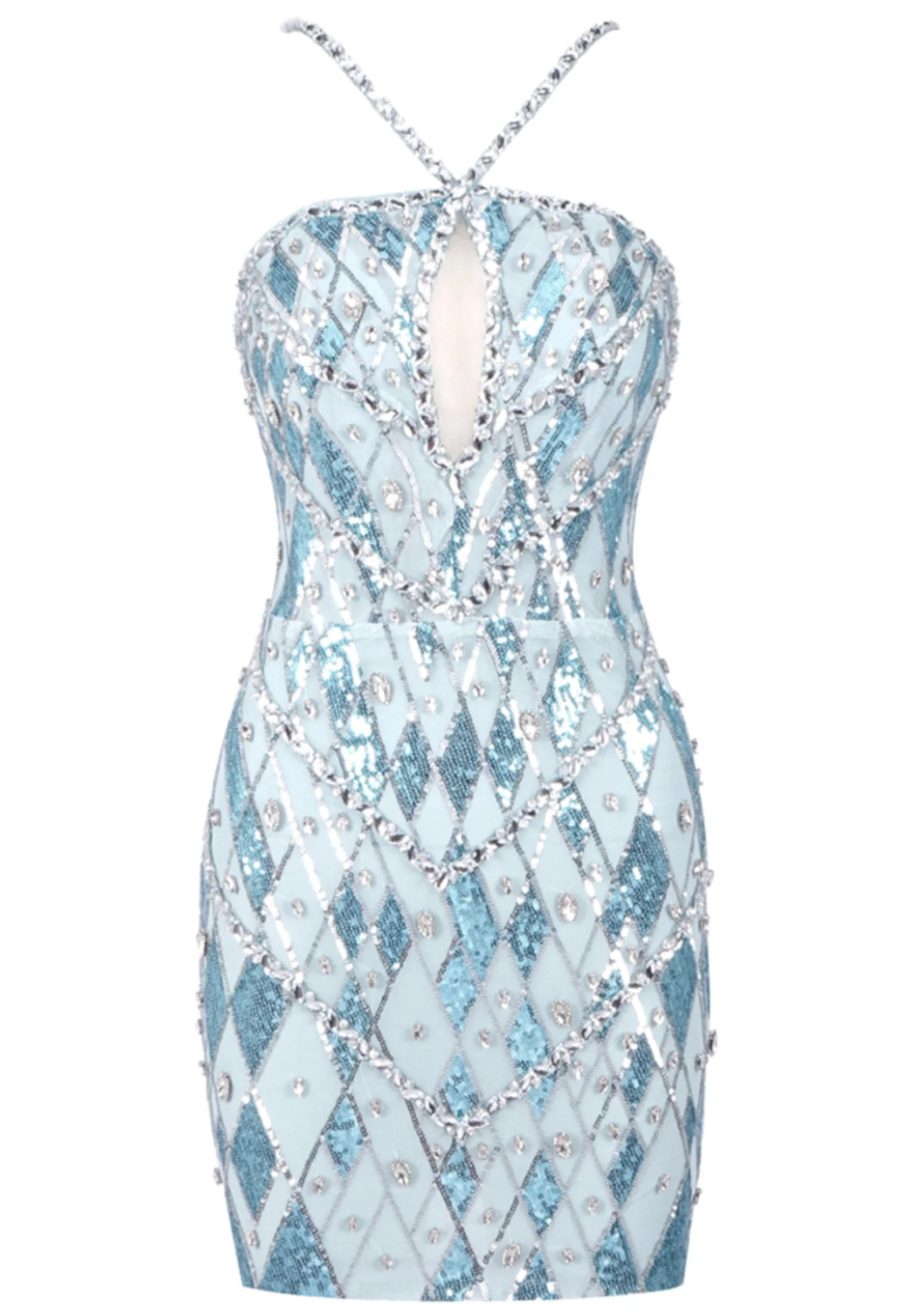 Blue Crystal Sequin Mini Dress - Halterneck Sleeveless Stylish Design