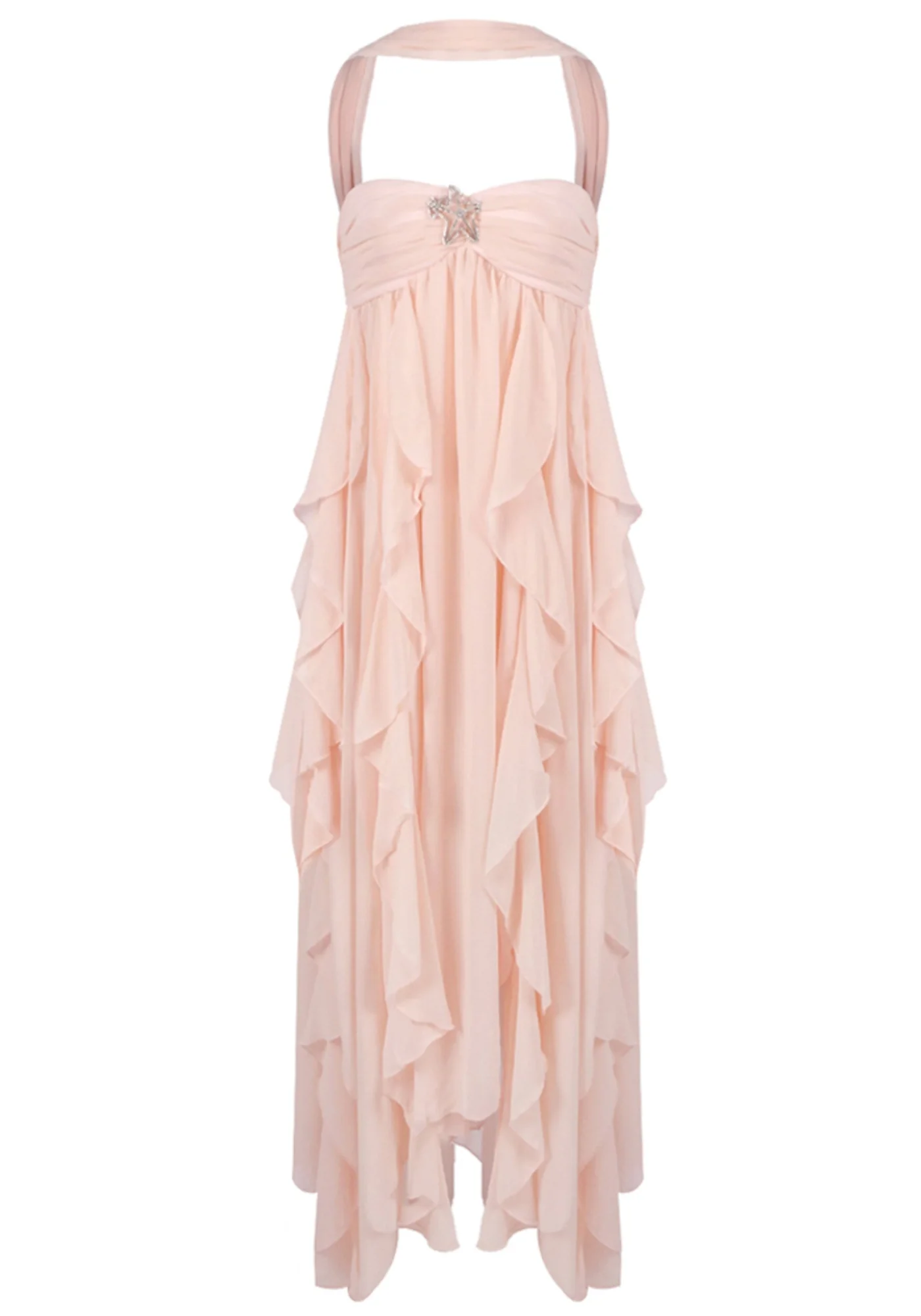 Nude Pink Ruffle Maxi Dress - Strapless Bustier Style