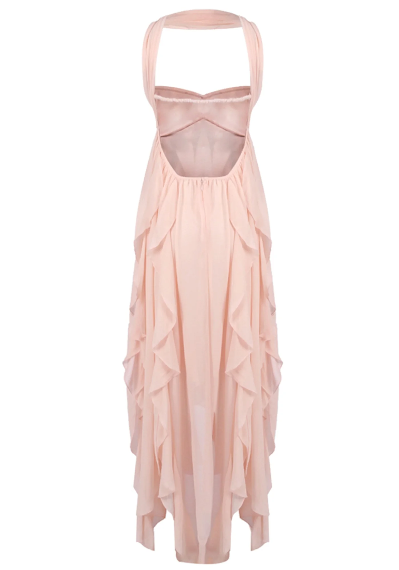Nude Pink Ruffle Maxi Dress - Strapless Bustier Style