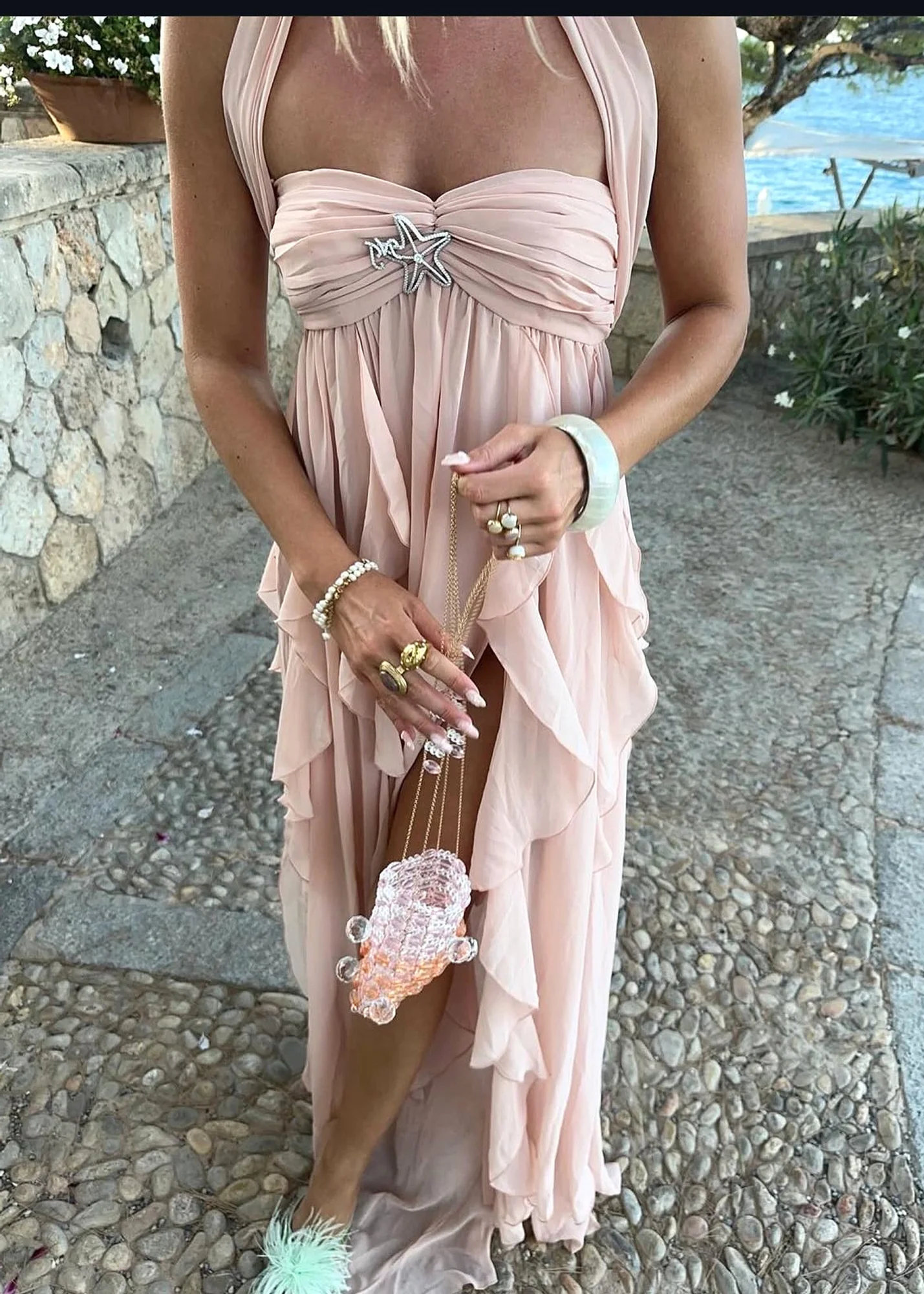 Nude Pink Ruffle Maxi Dress - Strapless Bustier Style