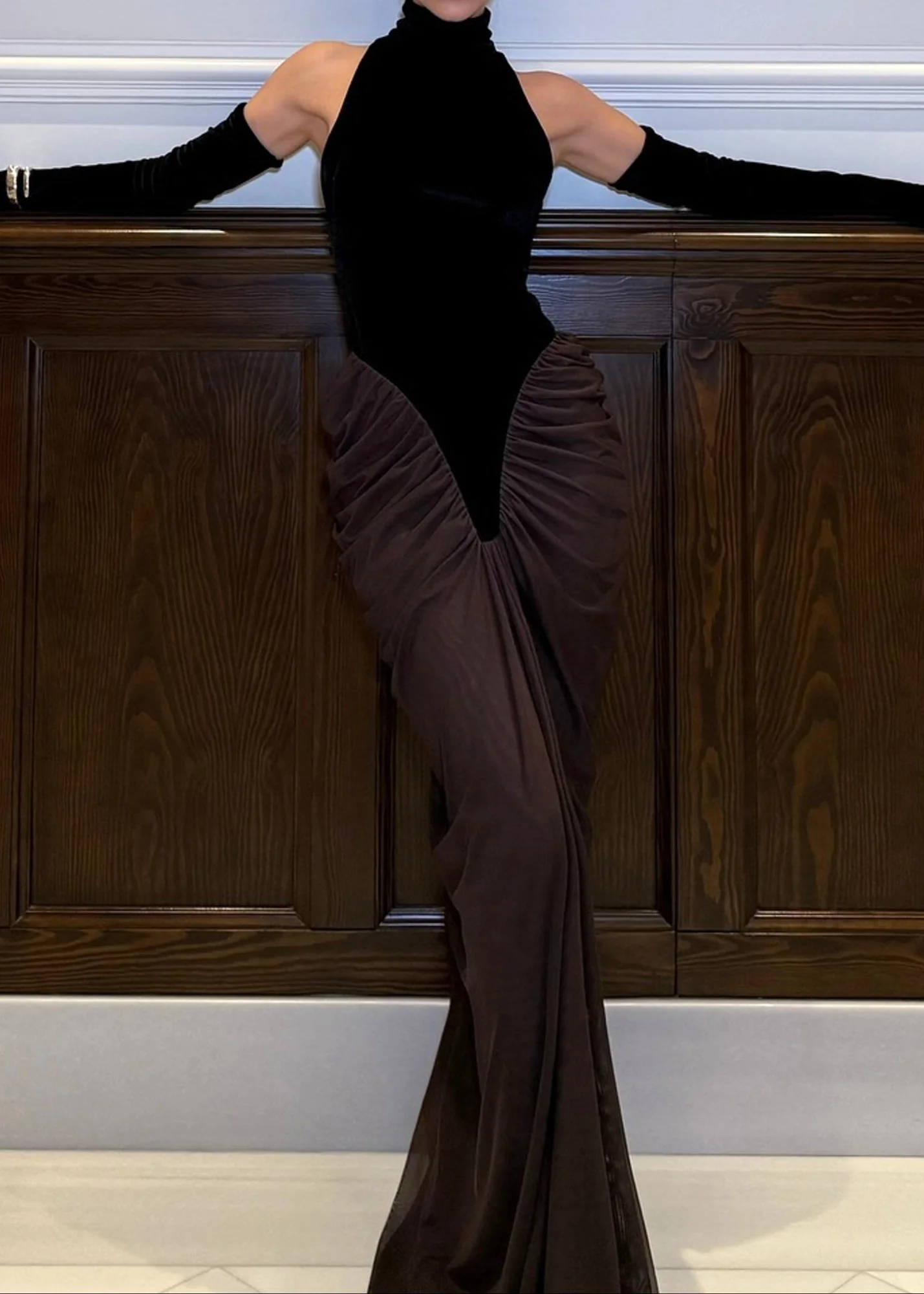 Velvet Halter Maxi Dress in Black Brown