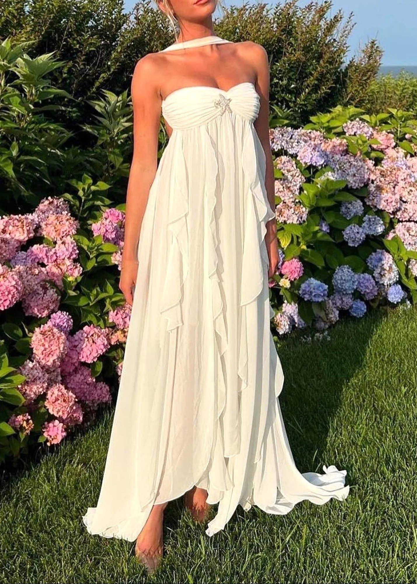 White Strapless Ruffle Maxi Dress - Elegant Sleeveless Design