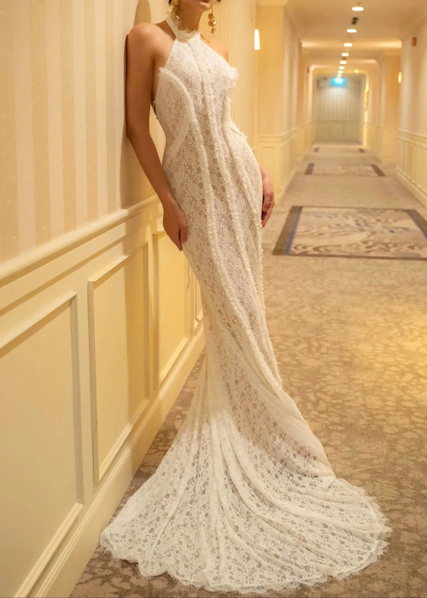 White Halter Lace Maxi Dress with Corset Detail