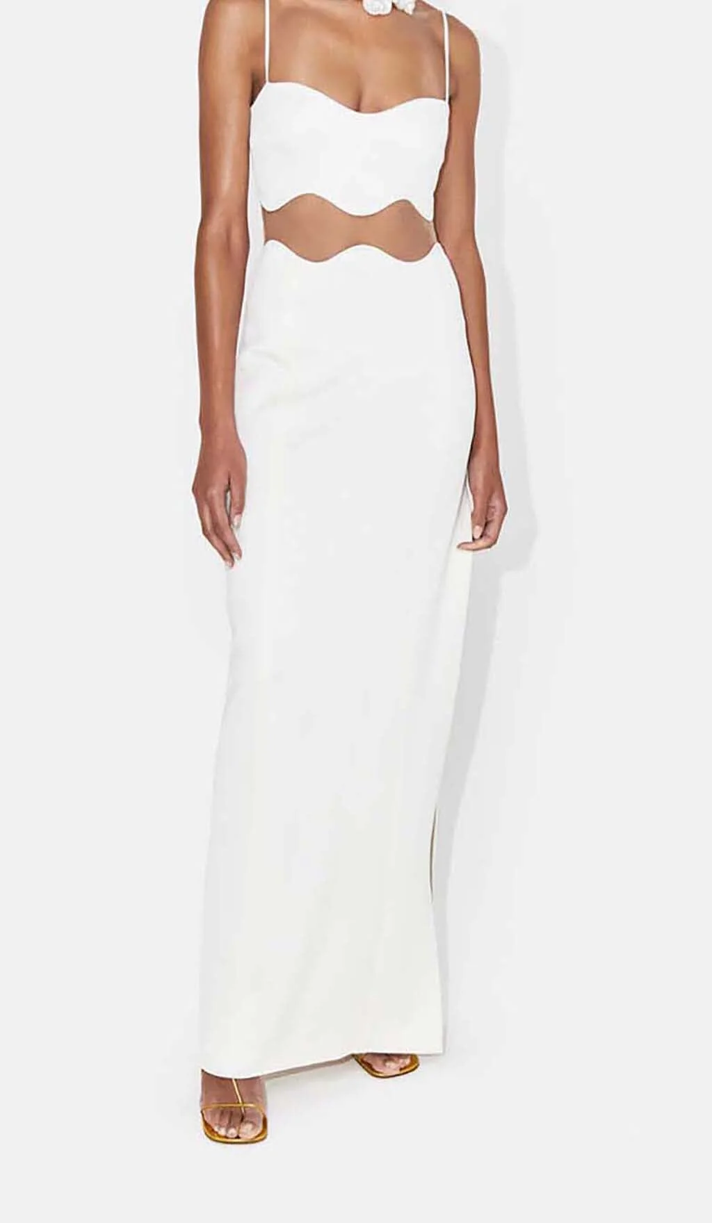 Elegant White Scalloped Mesh Insert Maxi Dress