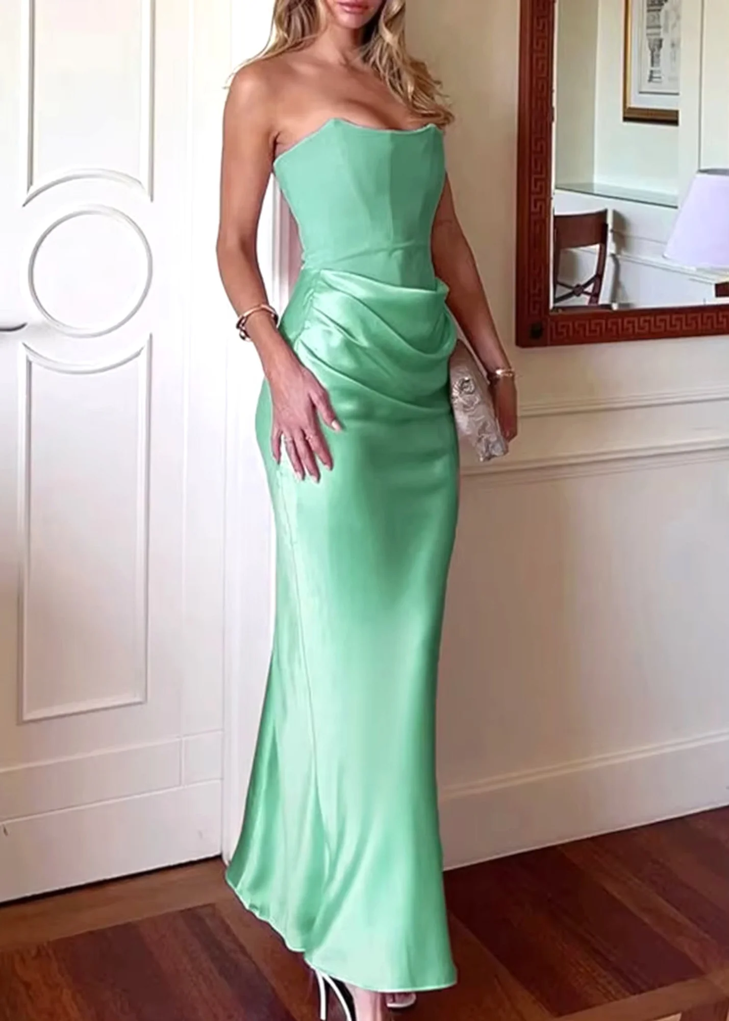 Green Strapless Corset Maxi Dress