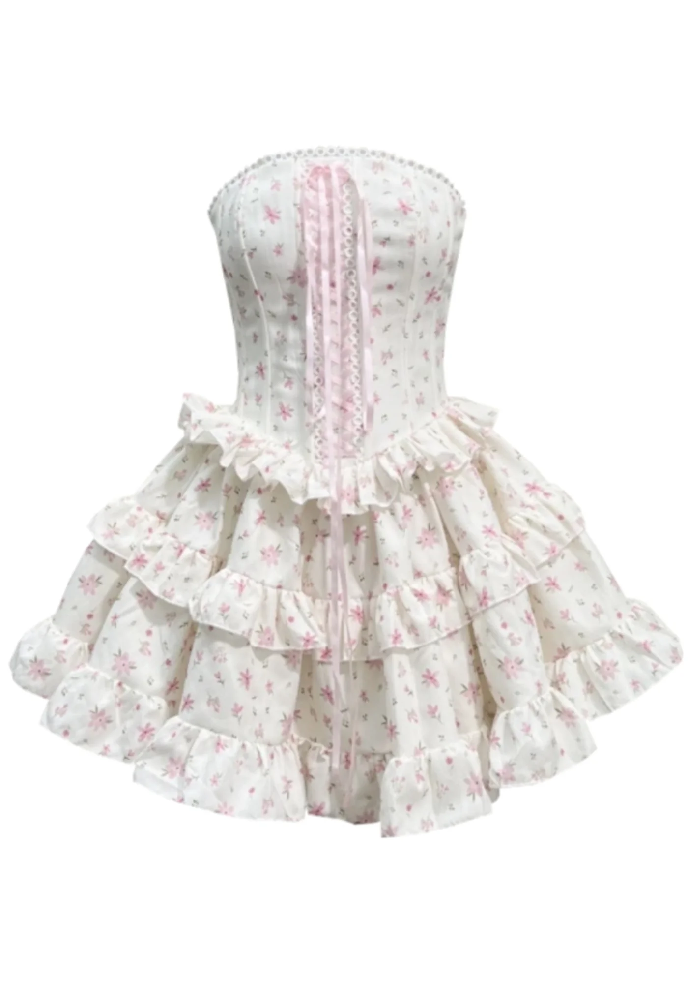 White Pink Floral Ruffle Mini Dress Strapless Design