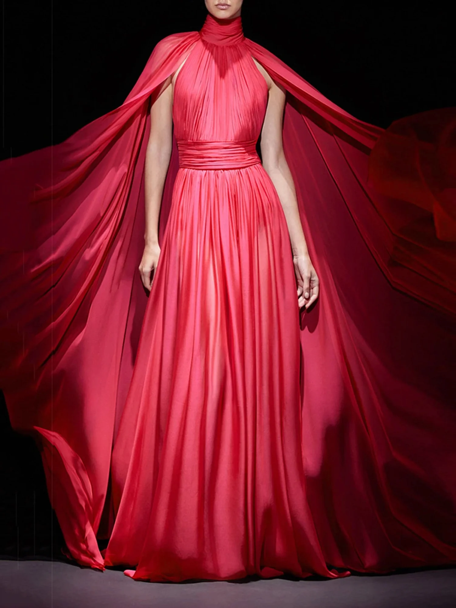 Red A-Line Cape Maxi Dress with Button Detail