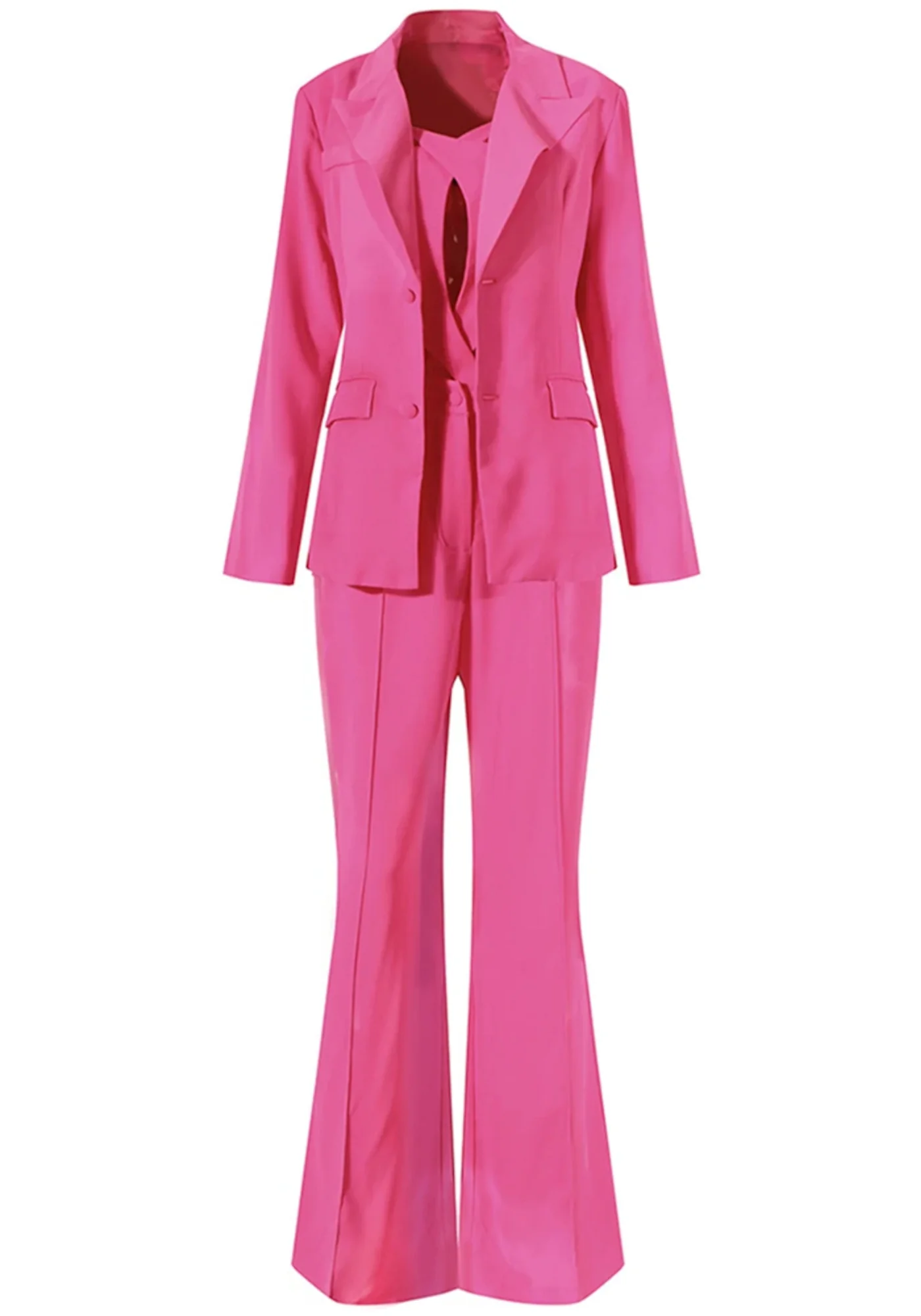 Pink V-Neck Long Sleeve Blazer Jumpsuit - Elegant Style