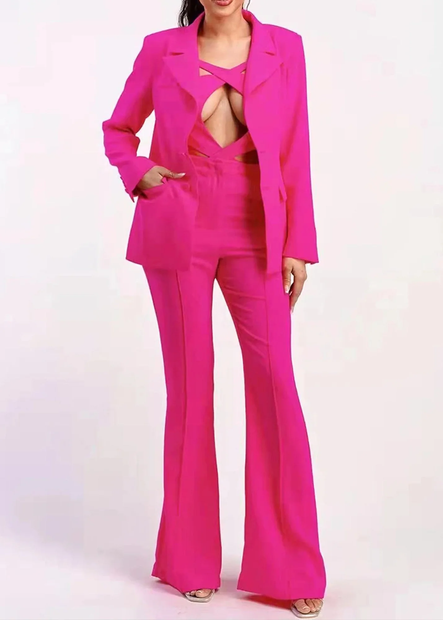 Pink V-Neck Long Sleeve Blazer Jumpsuit - Elegant Style