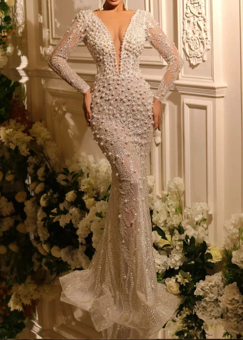 Ivory Pearl Sequin V-Neck Maxi Dress with Long Sleeves