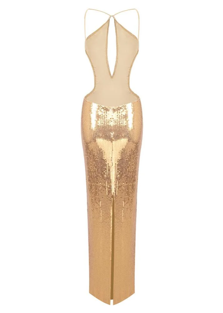 Sequin Hollow Bodycon Maxi Dress - Glamour Gold