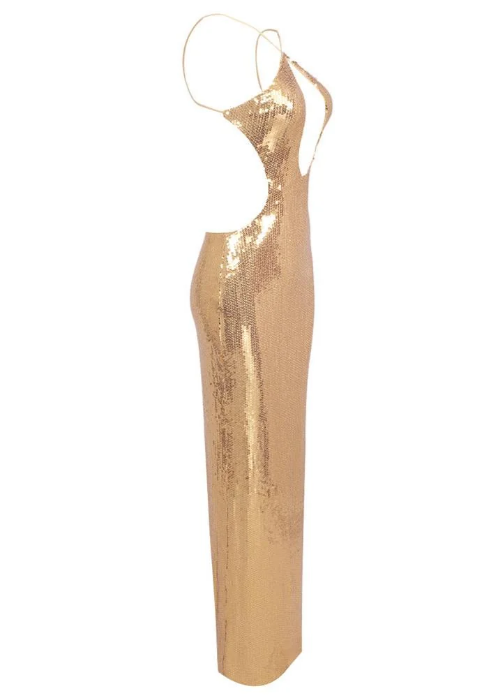 Sequin Hollow Bodycon Maxi Dress - Glamour Gold