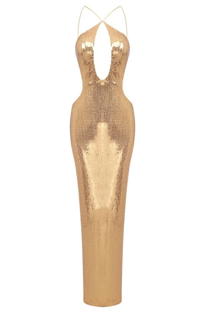 Sequin Hollow Bodycon Maxi Dress - Glamour Gold