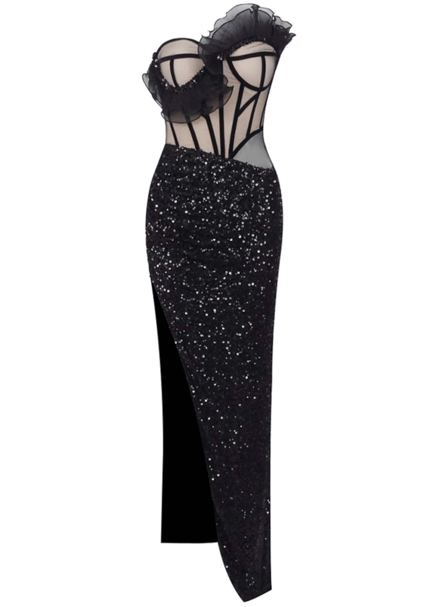 Black Sequin Ruffle Mesh Insert Maxi Dress