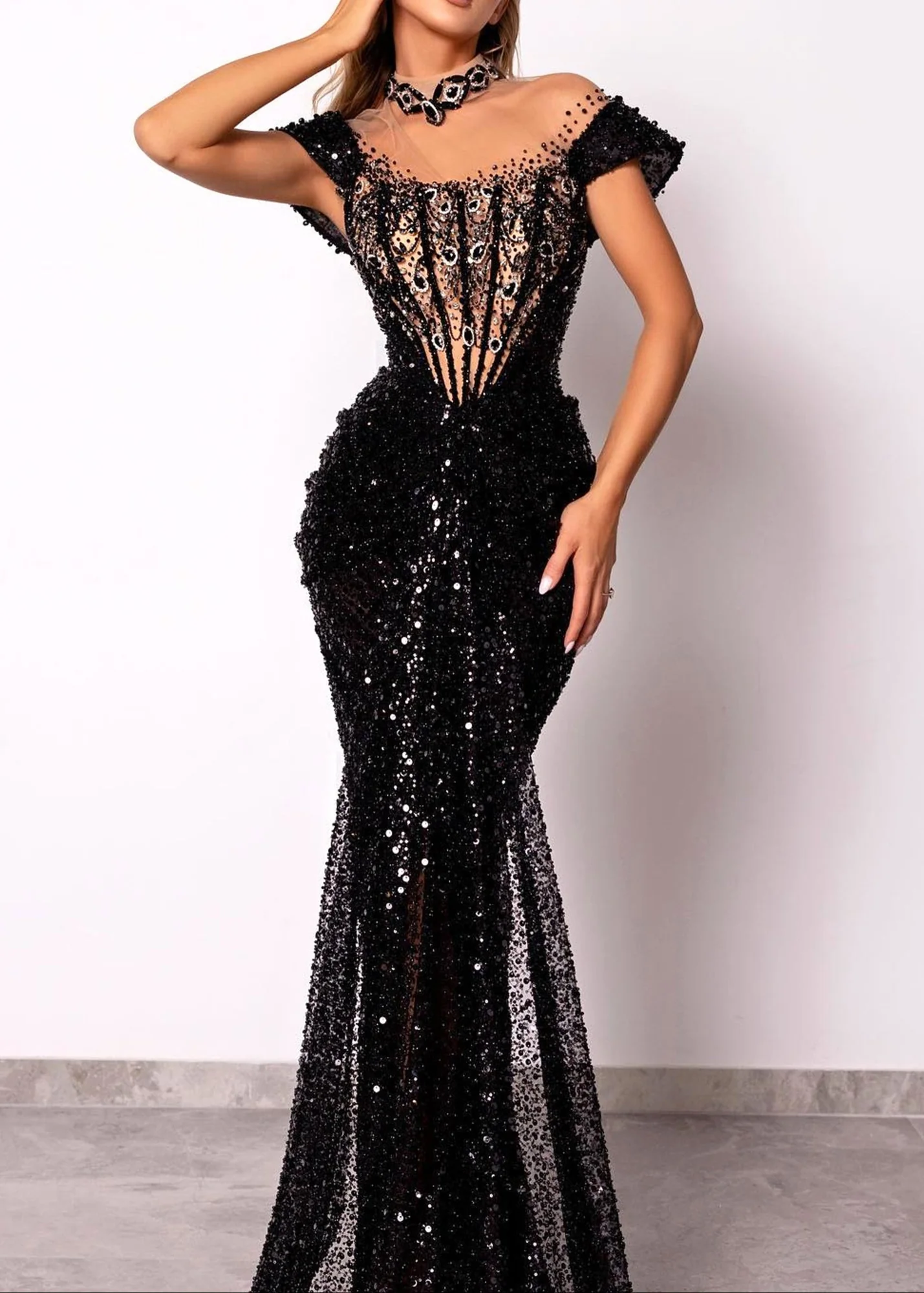 Black Sequin Mermaid Maxi Dress Short Sleeve Structured Design