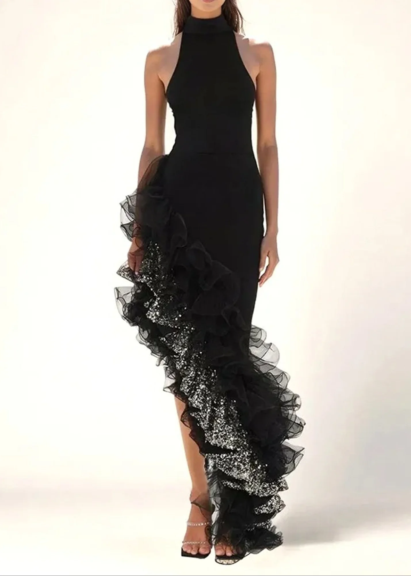 Black Sequin Ruffle Halterneck Maxi Dress