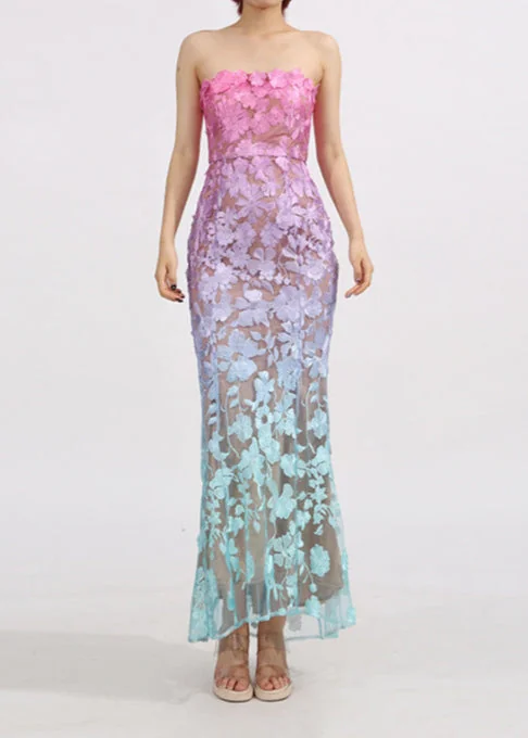Strapless Floral Gradient Maxi Dress - Pink/Purple/Green