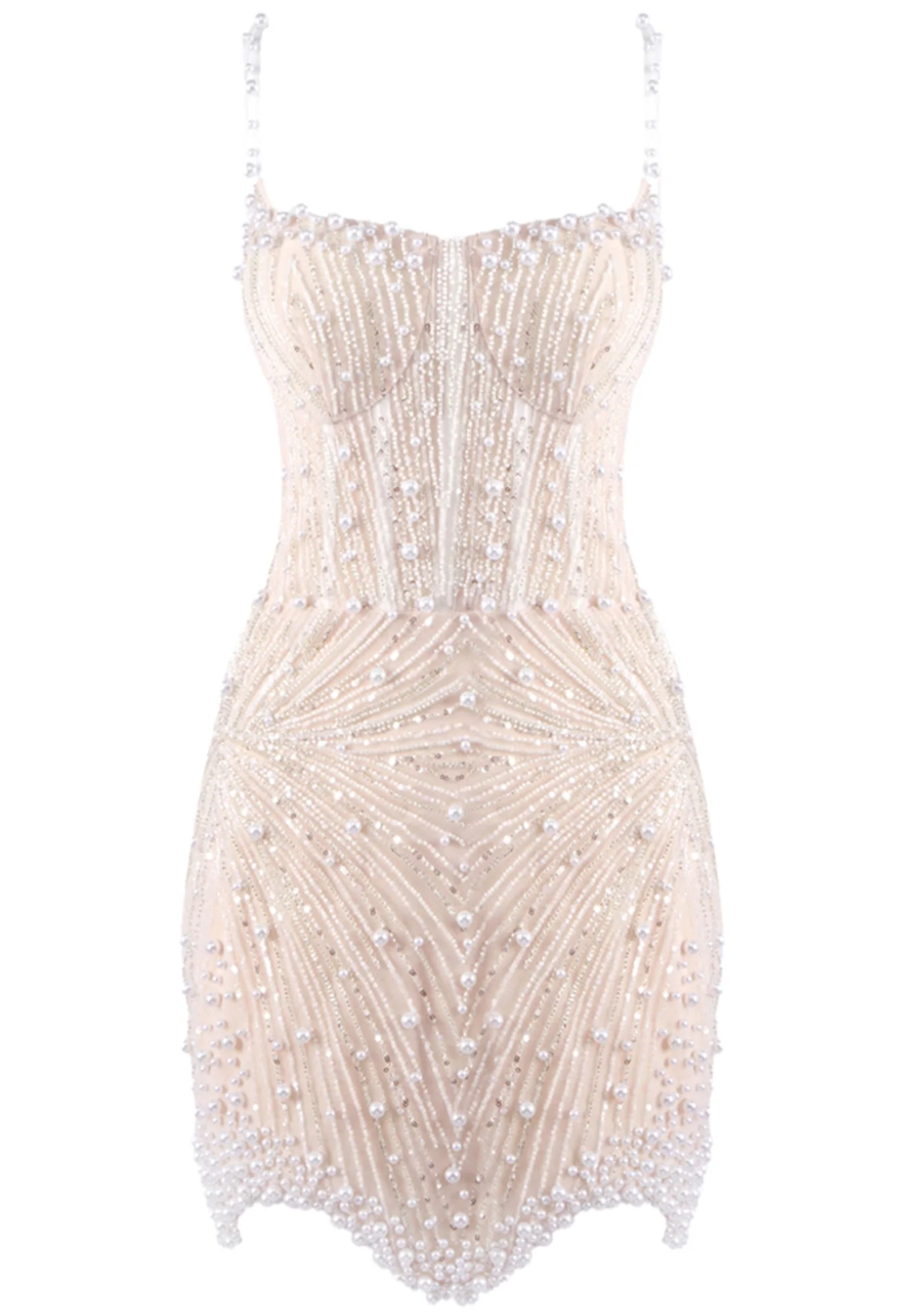 Nude Pearl Embellished Mini Dress - Elegant V-Neck Design