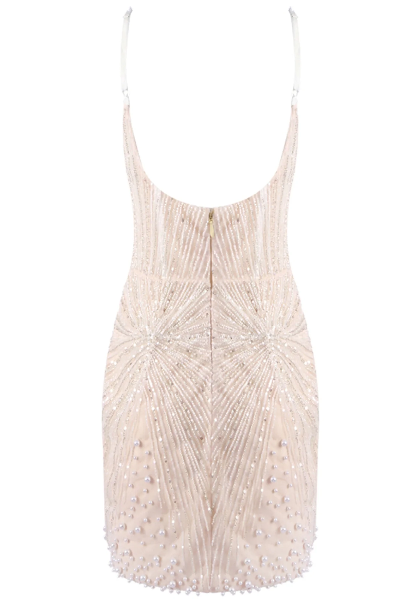 Nude Pearl Embellished Mini Dress - Elegant V-Neck Design