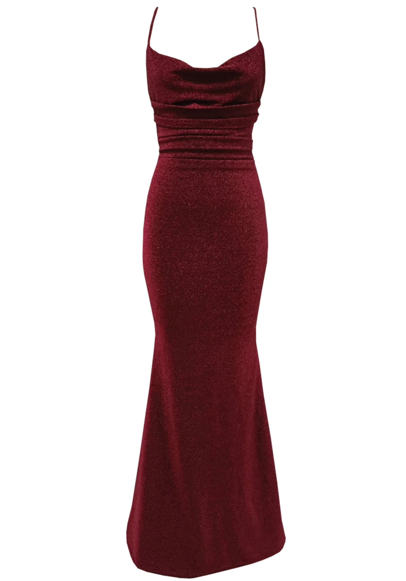 Burgundy Sparkly V-Neck Maxi Dress with Draped Design