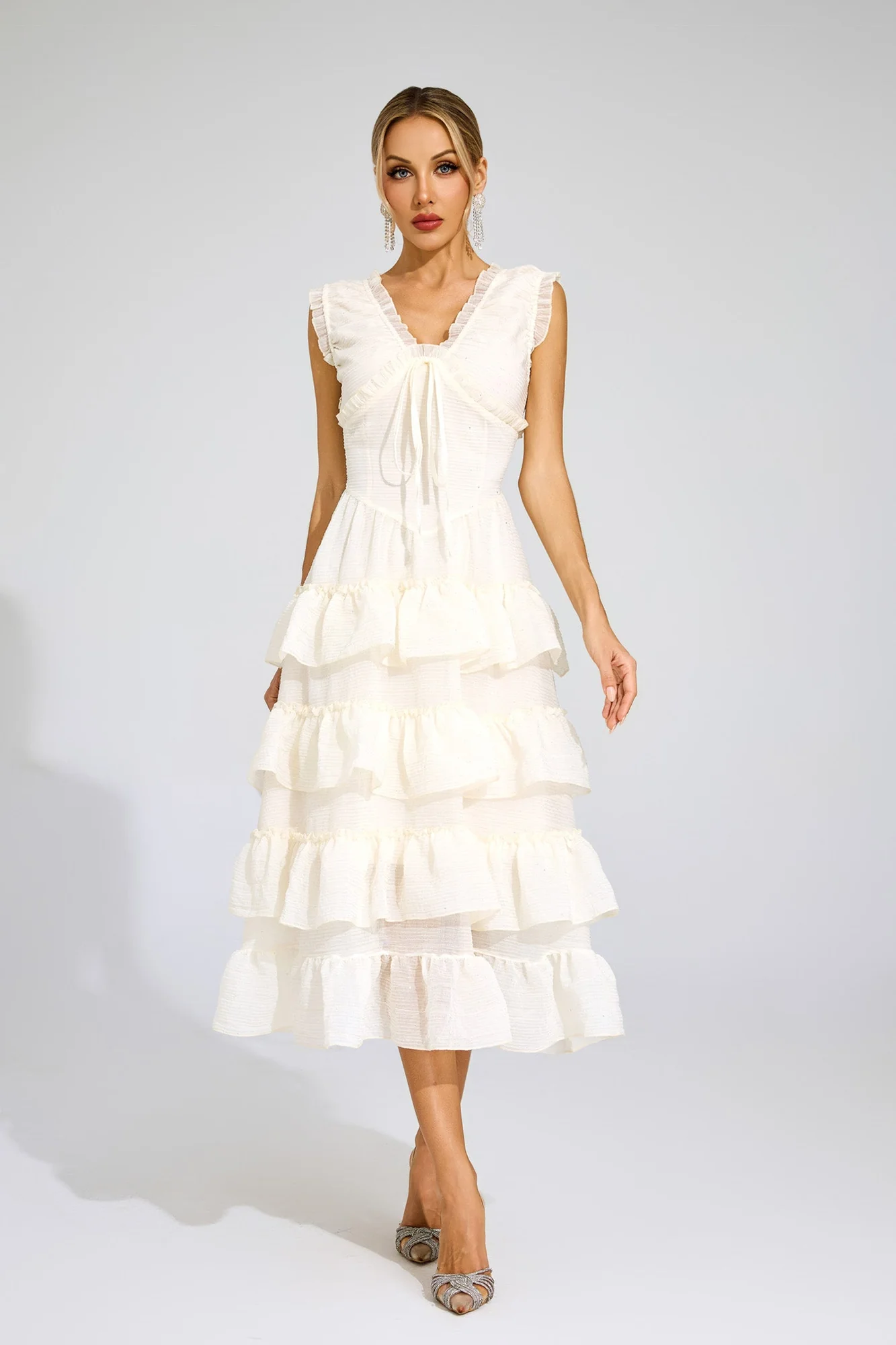 Beige Ruffled Maxi Dress with Cinched Waist